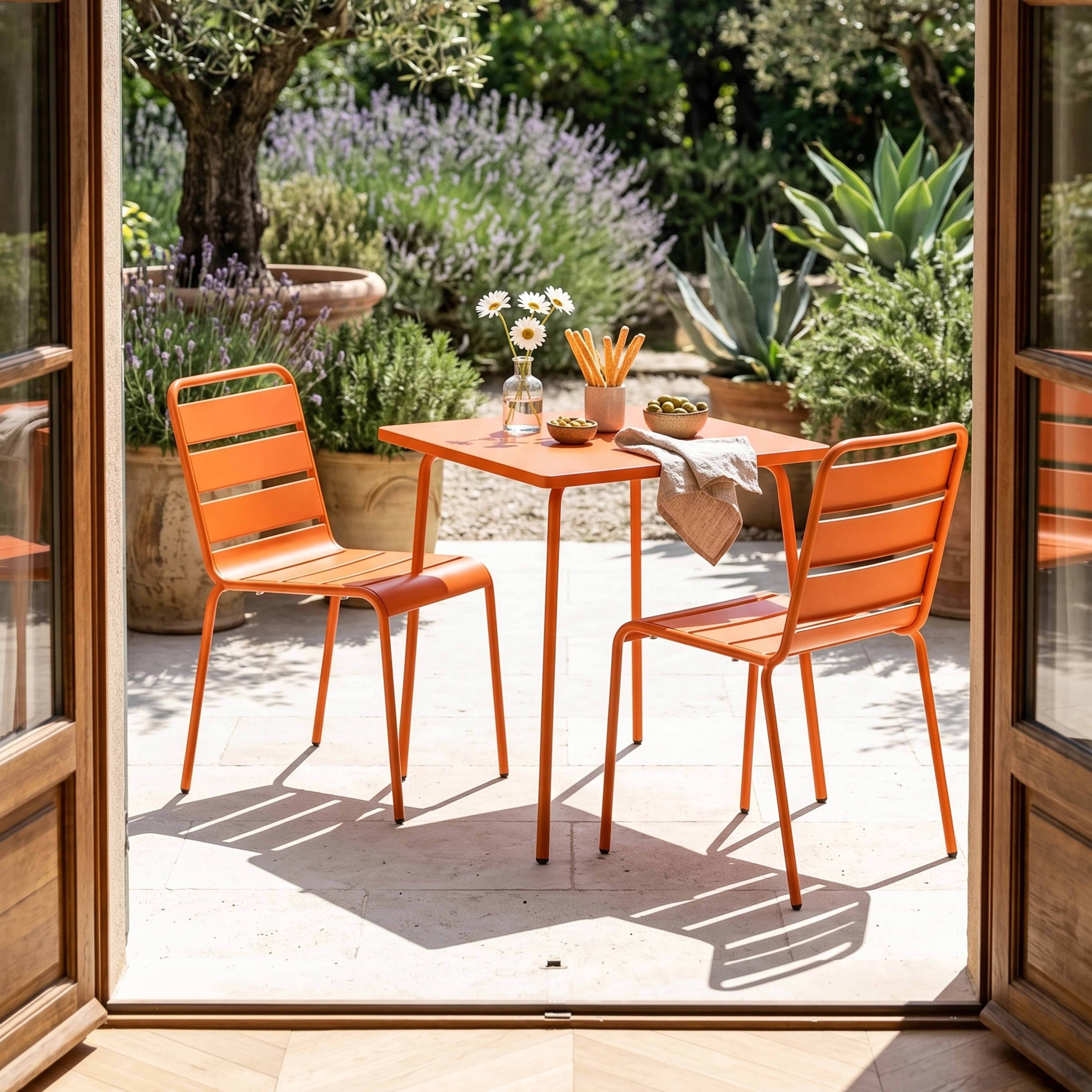 Oviala - Ensemble table de jardin carrée et 2 chaises acier orange Palavas - Oviala - Imagen 2