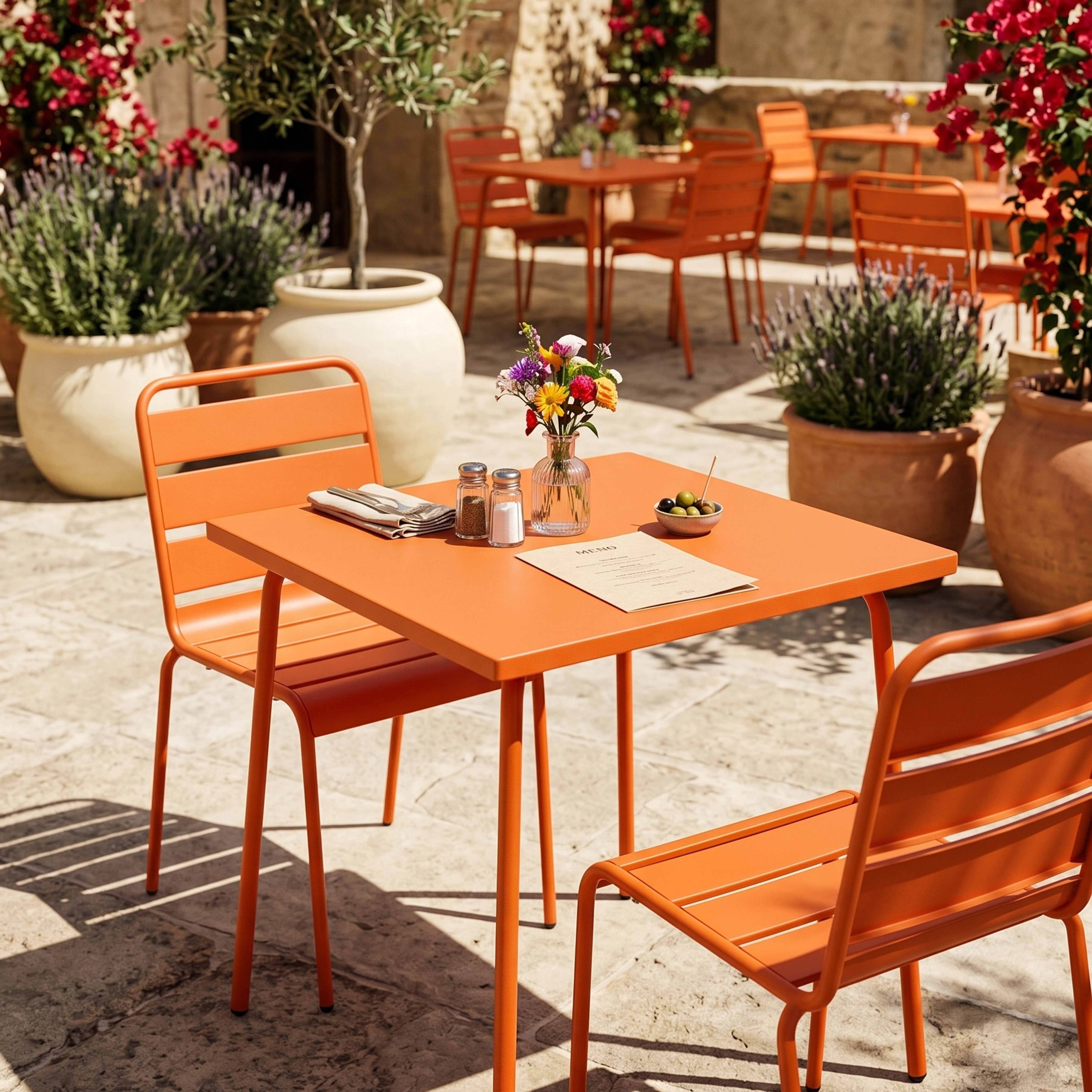 Oviala - Ensemble table de jardin carrée et 2 chaises acier orange Palavas - Oviala - Imagen 6