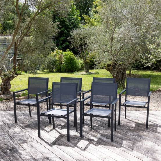 Lot de 6 chaises en aluminium anthracite - textilène gris - HAPPY GARDEN - Image 2