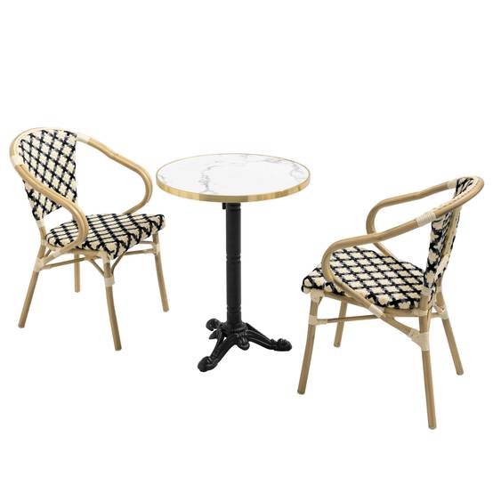 Oviala - Ensemble table de terrasse marbre blanc et 2 chaises noir Montmartre - Oviala - Image 1