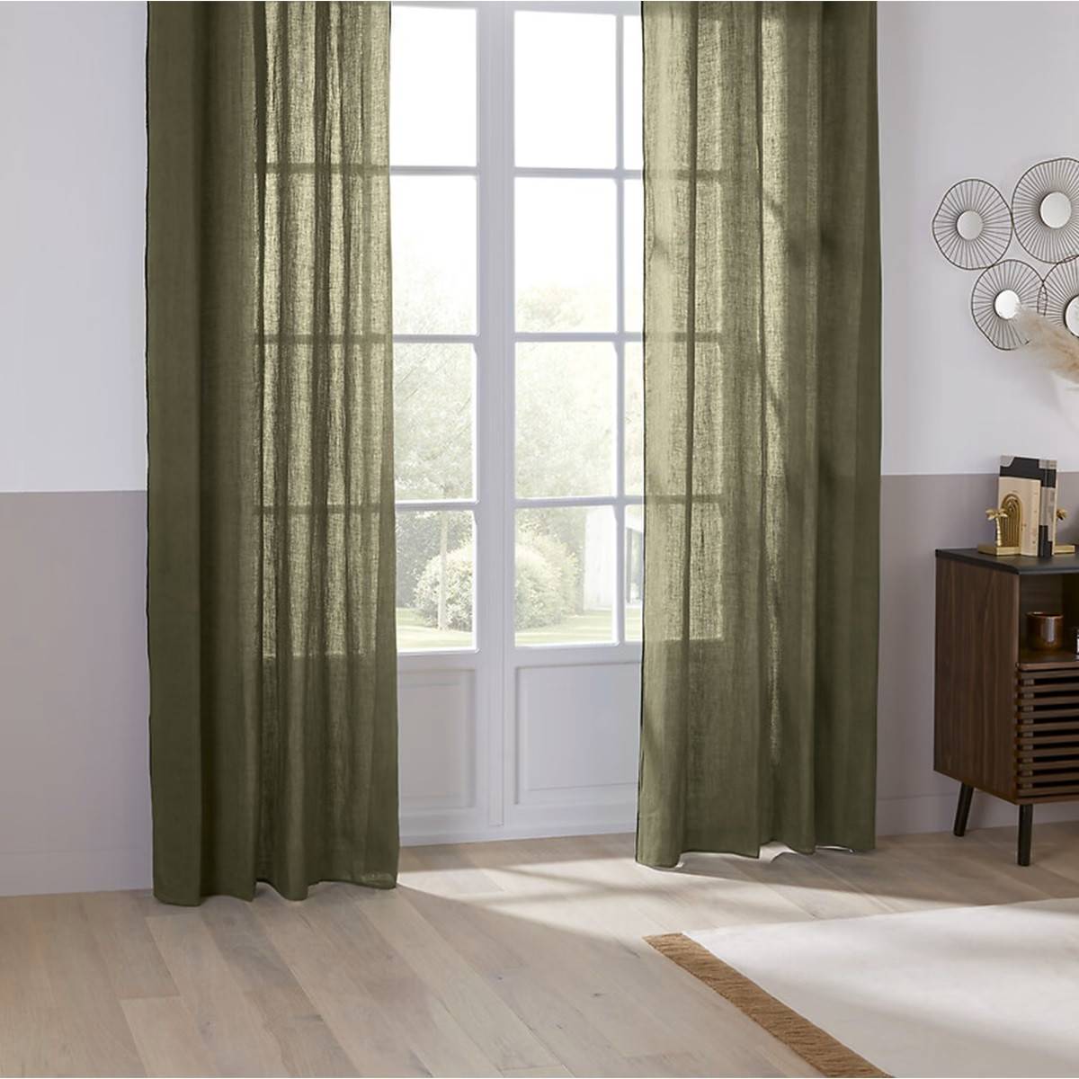 Atmosphera - Lot de 2 Rideaux à œillets en Lin Vert Kaki avec surpiqûre noire 130 x 260 cm - Imagen 3
