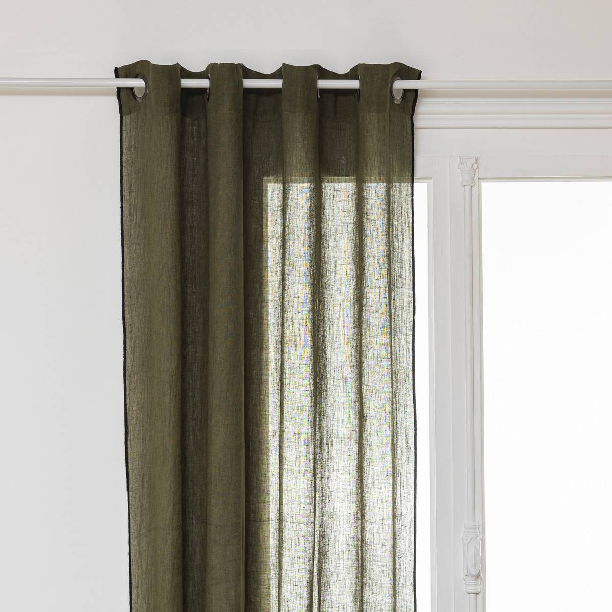 Atmosphera - Lot de 2 Rideaux à œillets en Lin Vert Kaki avec surpiqûre noire 130 x 260 cm - Imagen 2