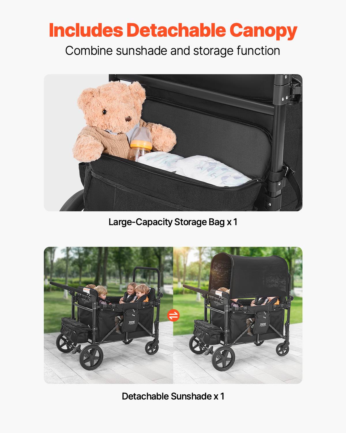 Vevor - VEVOR Poussette chariot pour 4 enfants, pliable, charge 150 kg. Harnais 5 points, auvent amovible. - Image 5