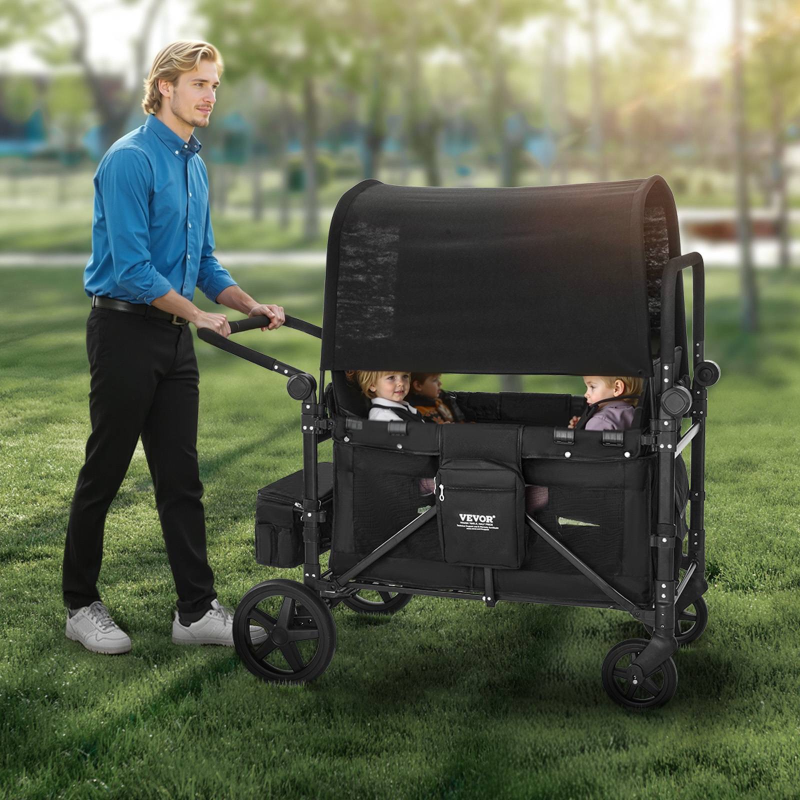 Vevor - VEVOR Poussette chariot pour 4 enfants, pliable, charge 150 kg. Harnais 5 points, auvent amovible. - Image 8