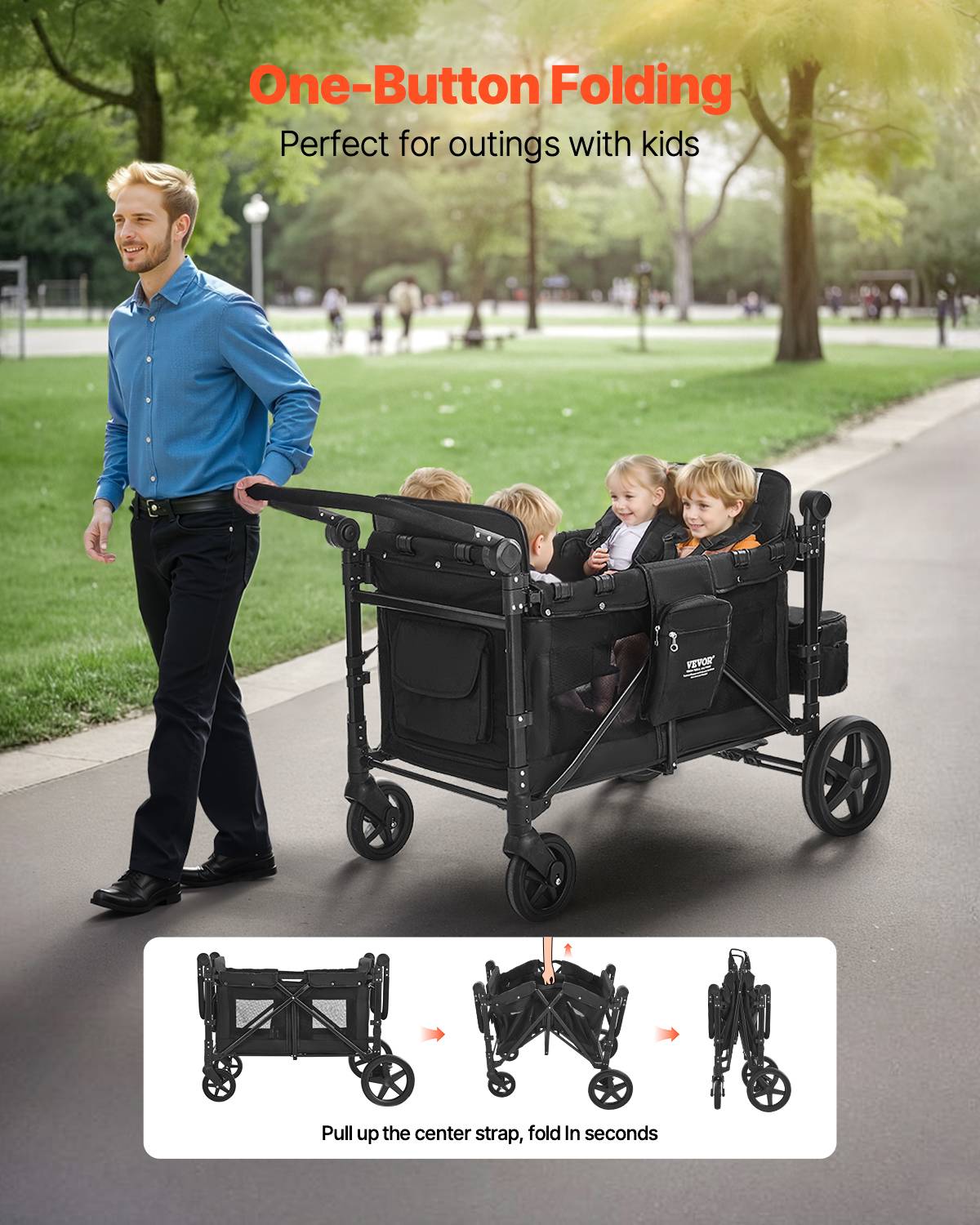 Vevor - VEVOR Poussette chariot pour 4 enfants, pliable, charge 150 kg. Harnais 5 points, auvent amovible. - Image 2