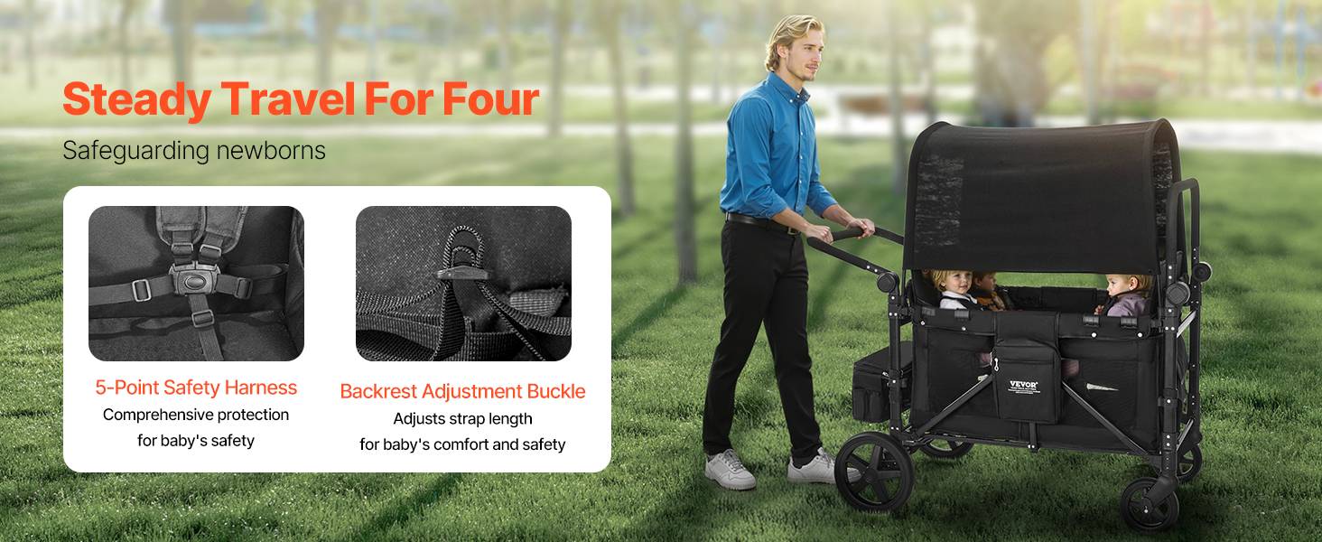 Vevor - VEVOR Poussette chariot pour 4 enfants, pliable, charge 150 kg. Harnais 5 points, auvent amovible. - Image 9