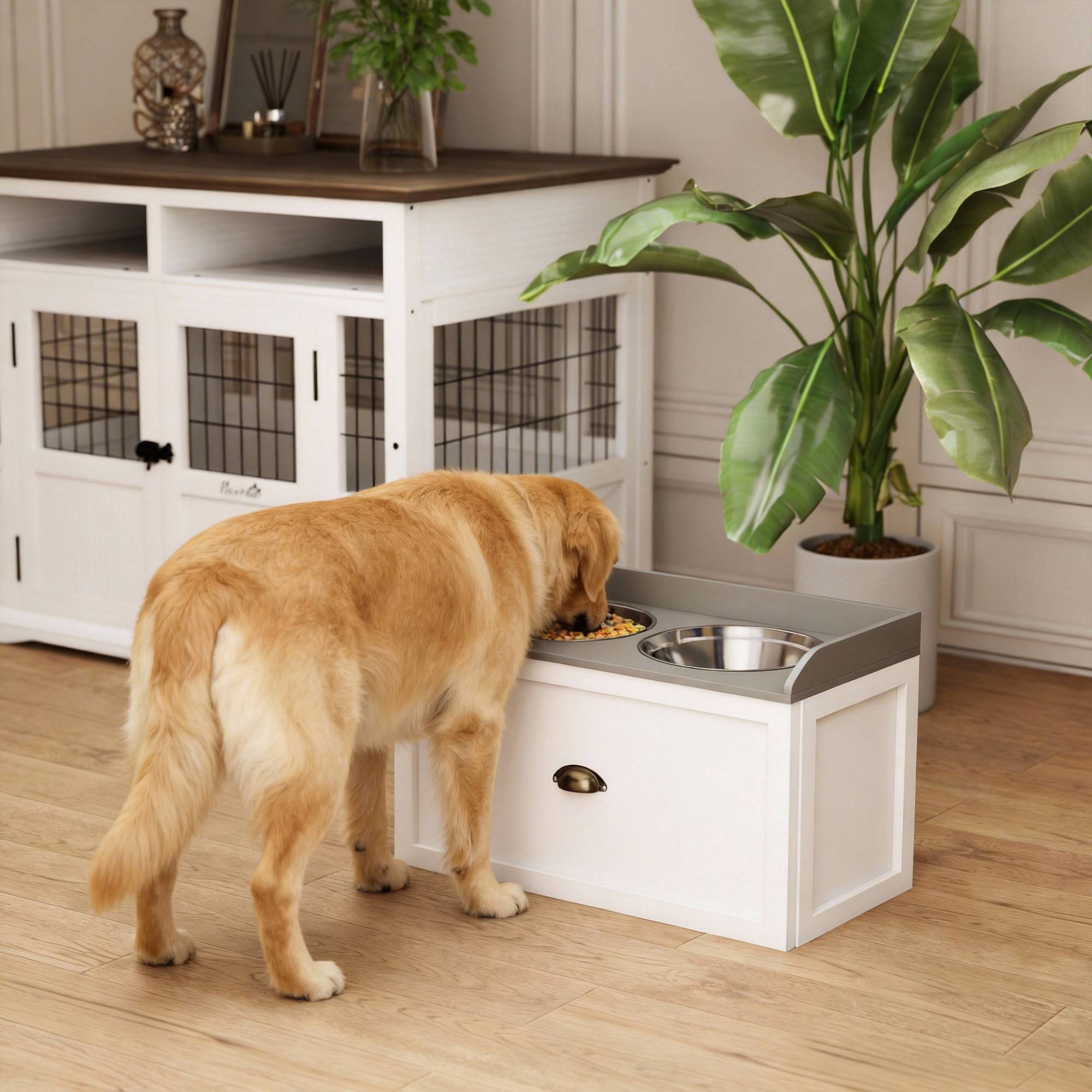 Gamelle surélevée pour grands chiens avec 2 gamelles en acier inoxydable de 2000 ml et 1 tiroir, 63 x 30 x 36 cm, blanche - Image 3