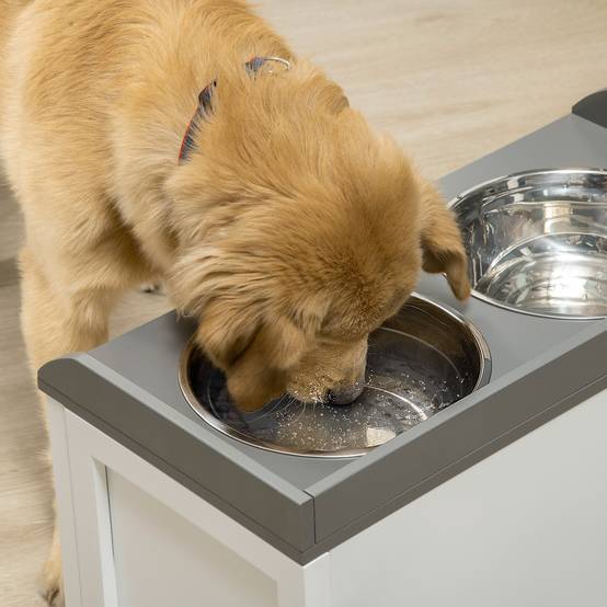 Gamelle surélevée pour grands chiens avec 2 gamelles en acier inoxydable de 2000 ml et 1 tiroir, 63 x 30 x 36 cm, blanche - Image 9