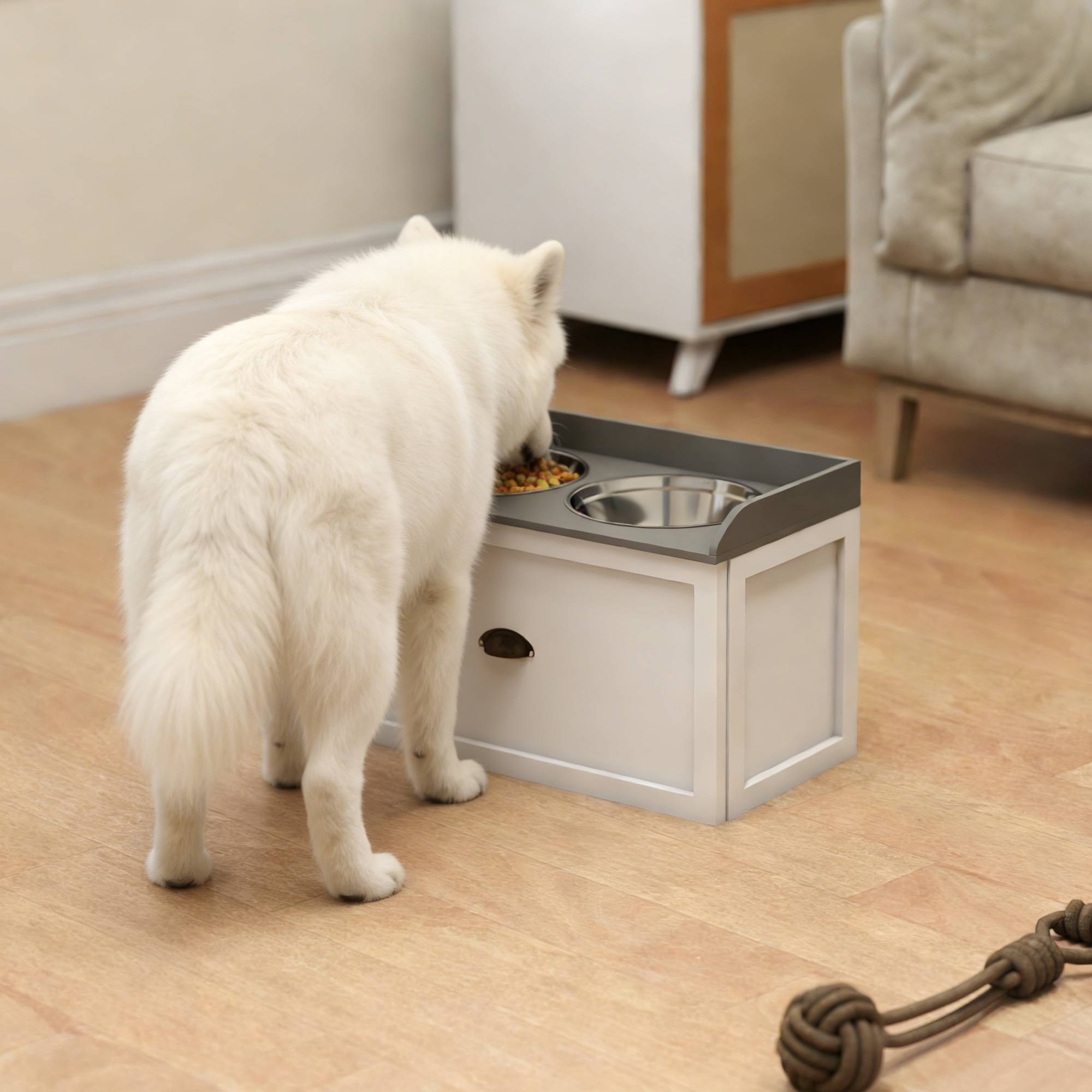 Gamelle surélevée pour grands chiens avec 2 gamelles en acier inoxydable de 2000 ml et 1 tiroir, 63 x 30 x 36 cm, blanche - Image 4