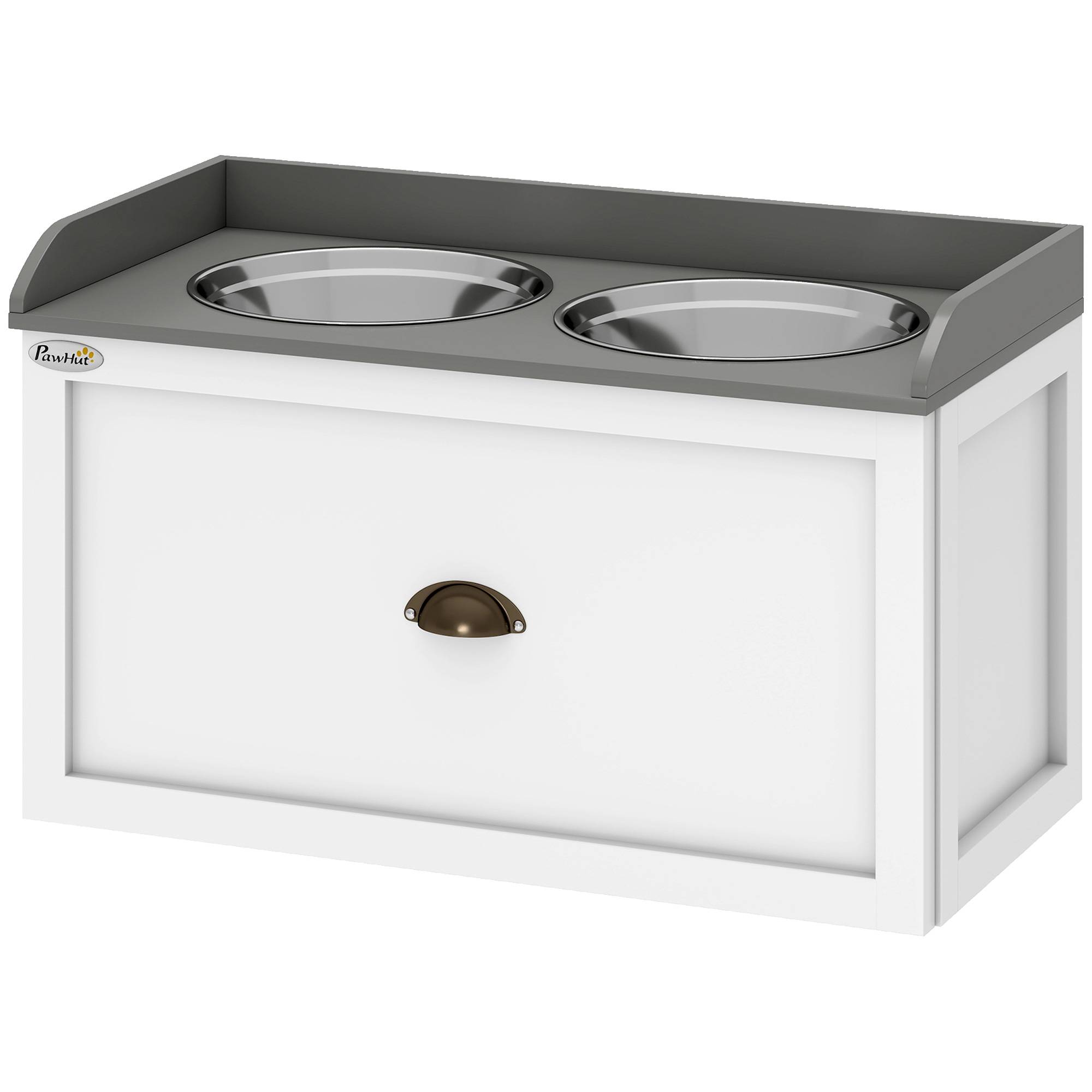 Gamelle surélevée pour grands chiens avec 2 gamelles en acier inoxydable de 2000 ml et 1 tiroir, 63 x 30 x 36 cm, blanche - Image 2