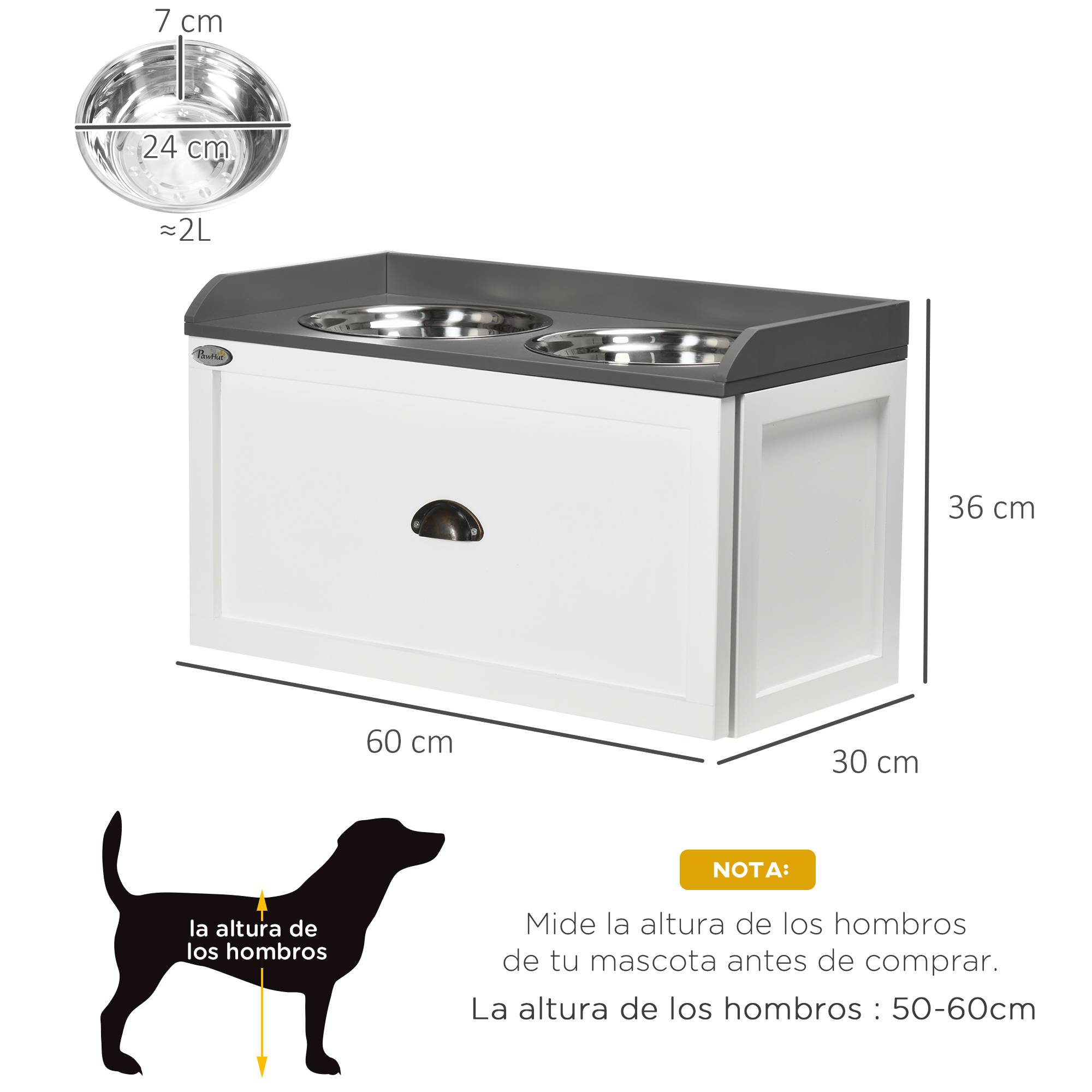 Gamelle surélevée pour grands chiens avec 2 gamelles en acier inoxydable de 2000 ml et 1 tiroir, 63 x 30 x 36 cm, blanche - Image 5