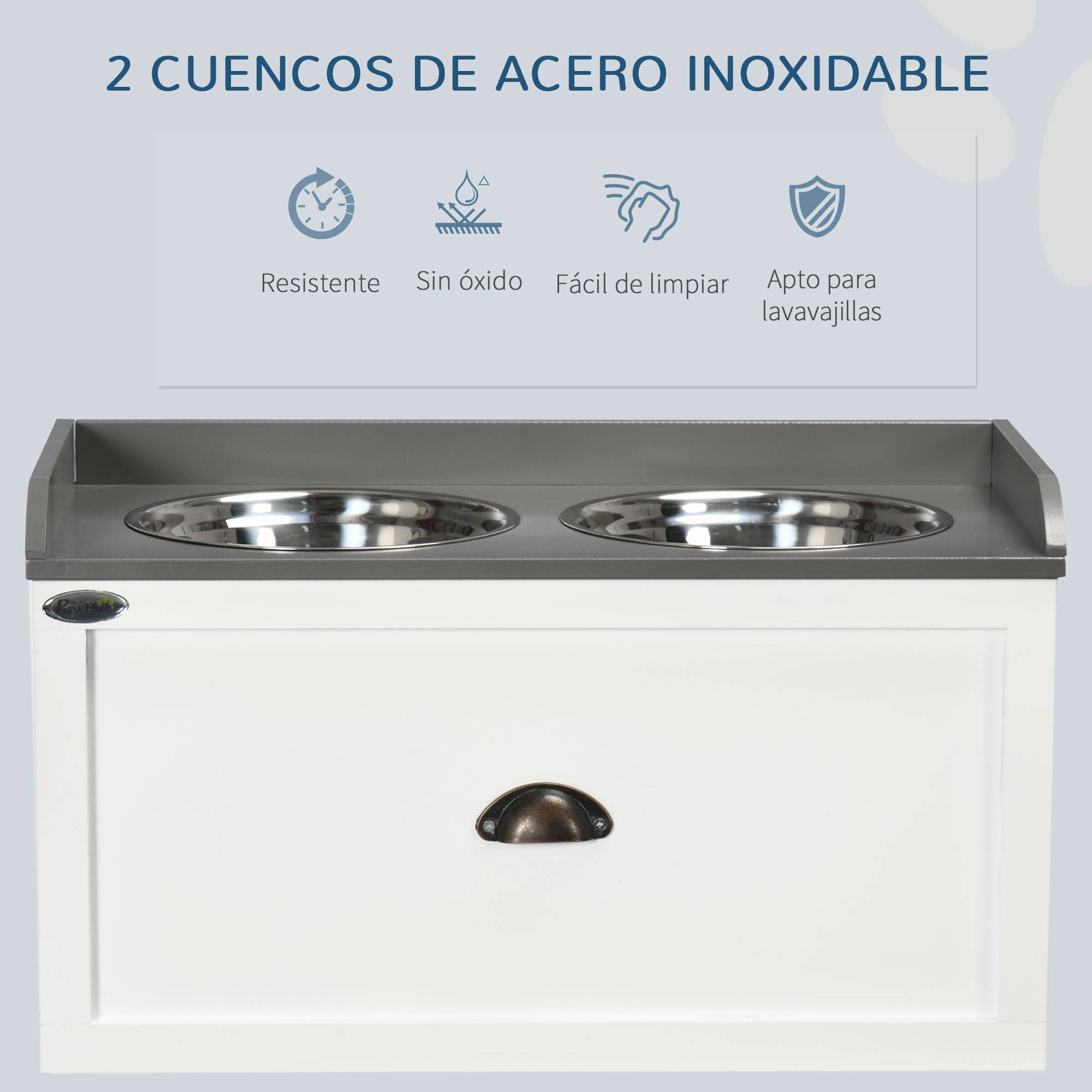 Gamelle surélevée pour grands chiens avec 2 gamelles en acier inoxydable de 2000 ml et 1 tiroir, 63 x 30 x 36 cm, blanche - Image 8