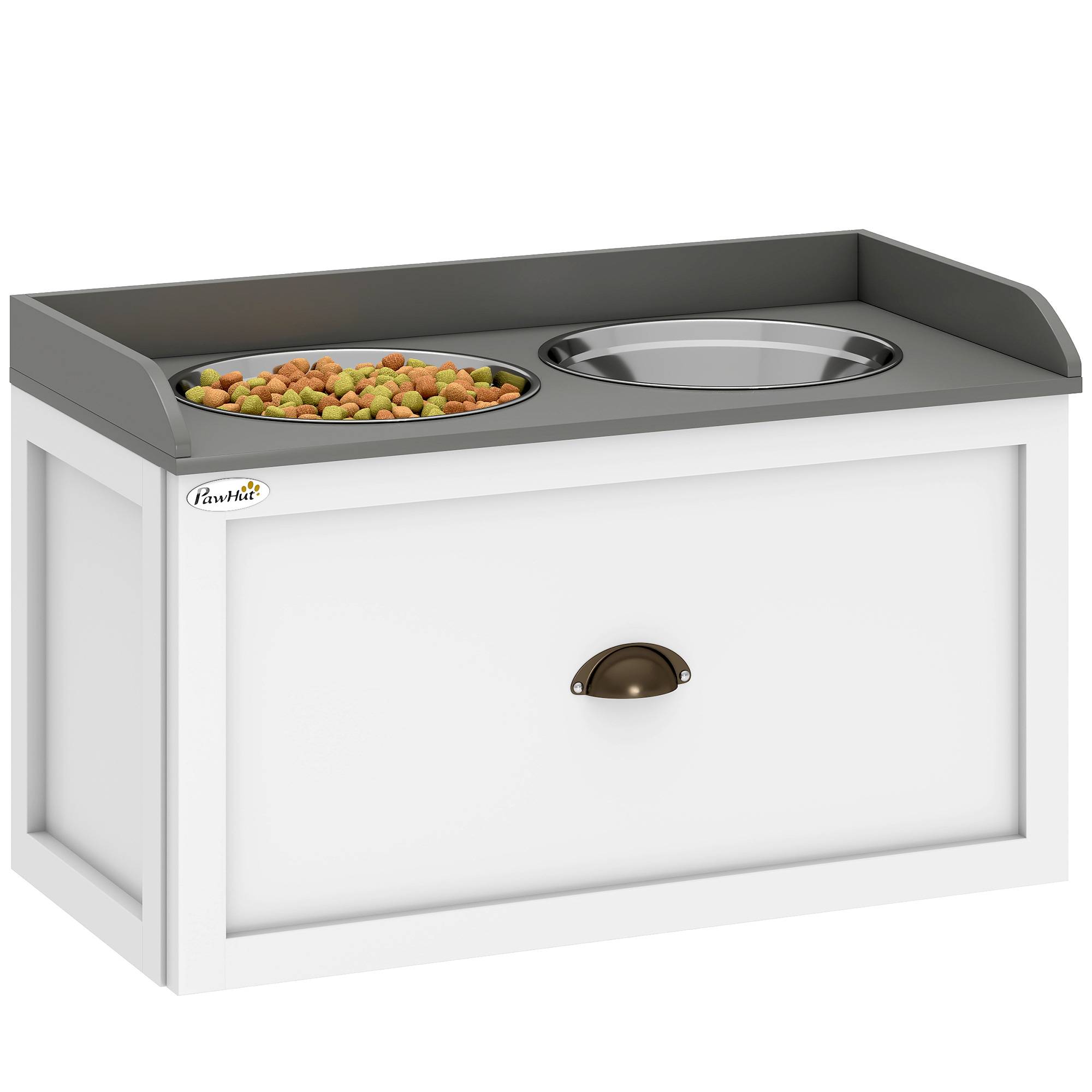 Gamelle surélevée pour grands chiens avec 2 gamelles en acier inoxydable de 2000 ml et 1 tiroir, 63 x 30 x 36 cm, blanche - Image 1