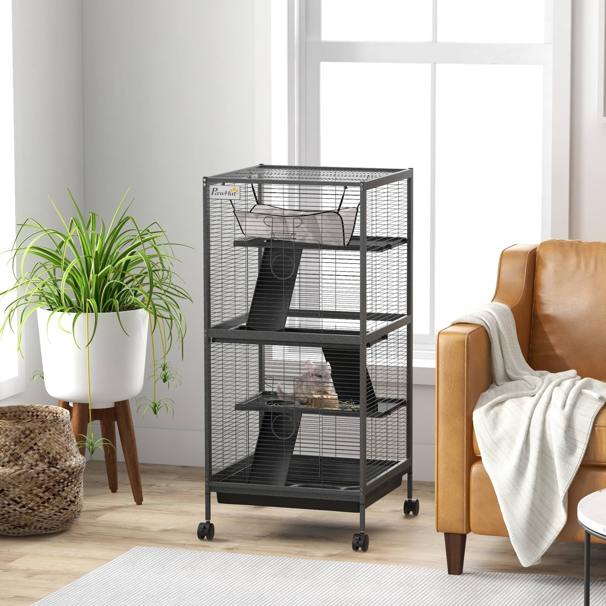 Sans Marque - Cage acier cobayes chinchillas 3 niveaux roulettes plateau amovible grise - Image 3