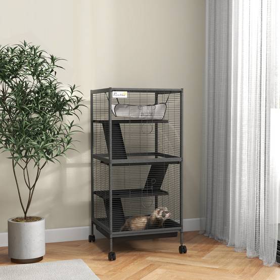 Sans Marque - Cage acier cobayes chinchillas 3 niveaux roulettes plateau amovible grise - Image 4