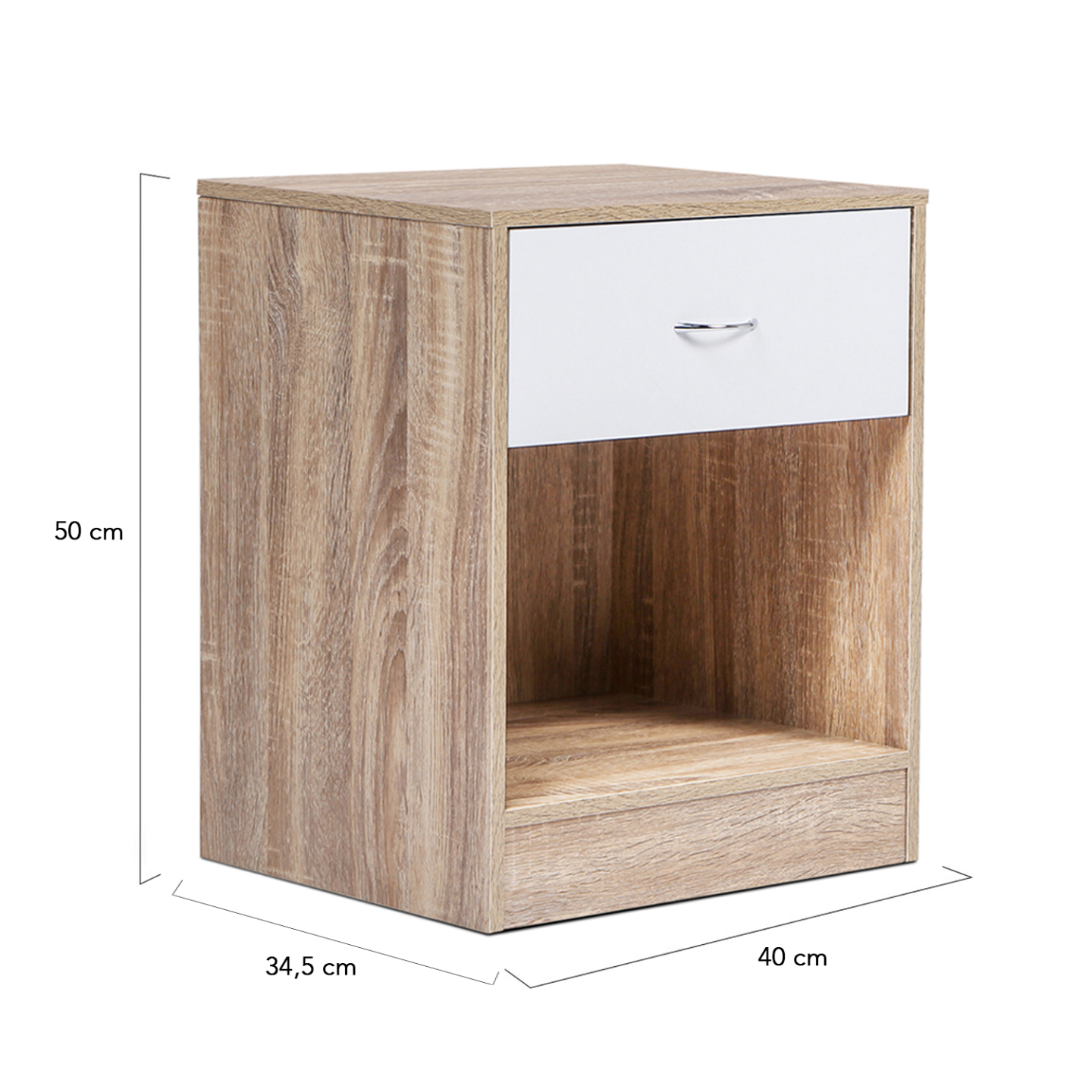 Lot de 2 tables de chevet OLGA 1 tiroir avec niche bois façon hêtre et tiroir blanc - Image 4
