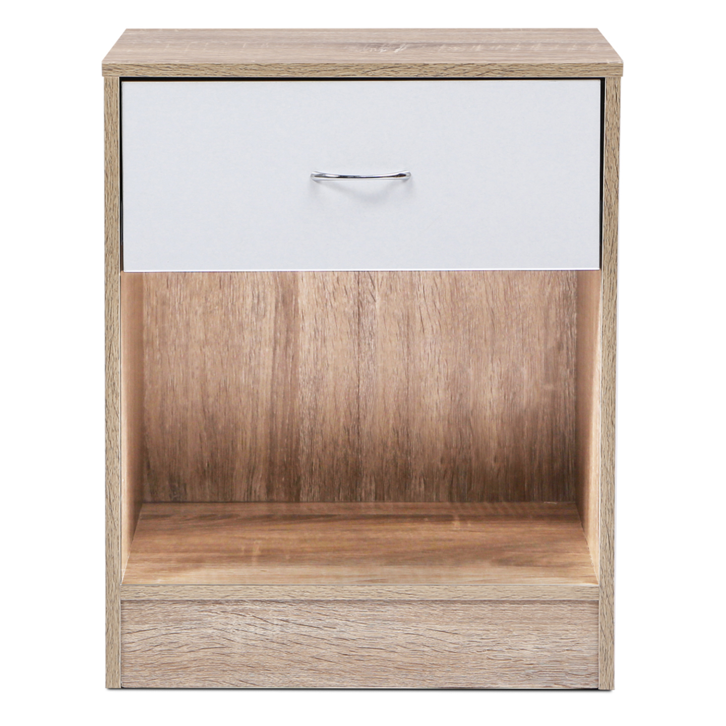 Lot de 2 tables de chevet OLGA 1 tiroir avec niche bois façon hêtre et tiroir blanc - Image 3
