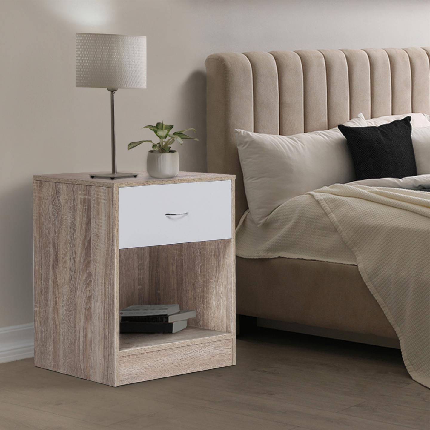 Lot de 2 tables de chevet OLGA 1 tiroir avec niche bois façon hêtre et tiroir blanc - Image 1
