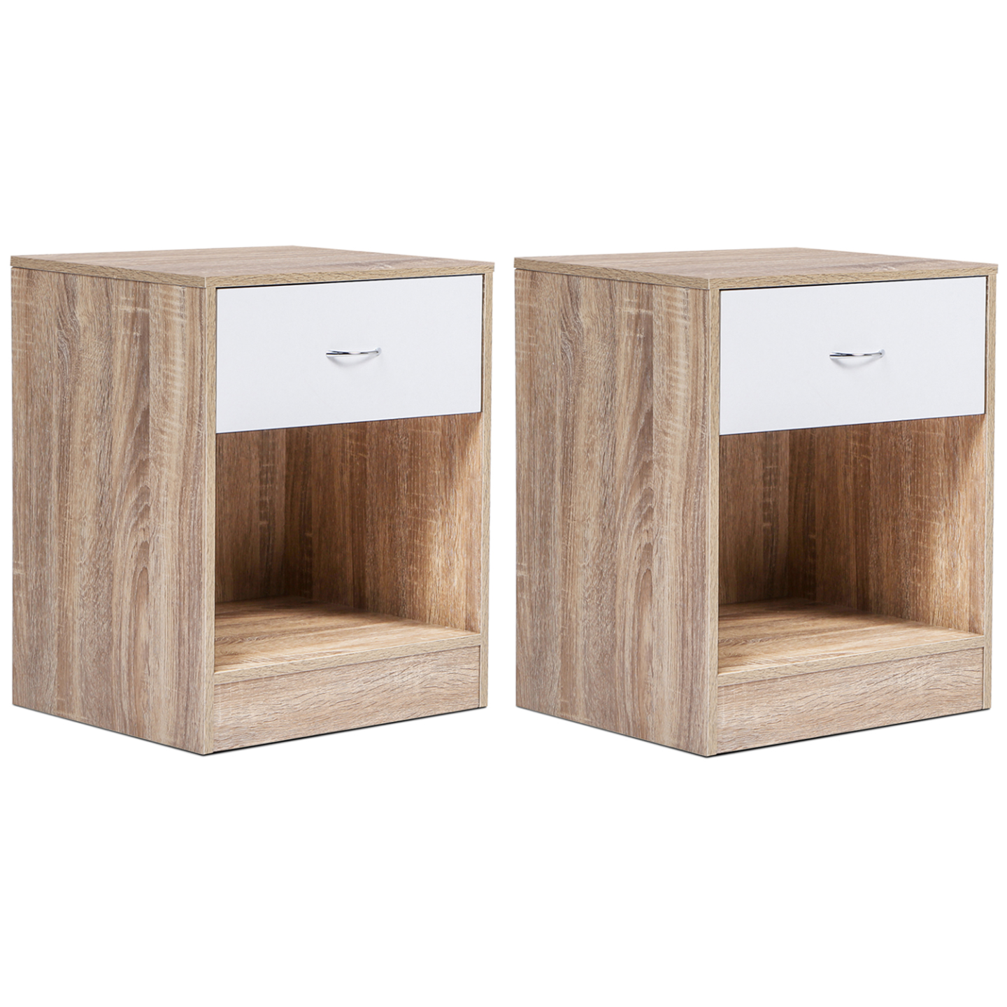 Lot de 2 tables de chevet OLGA 1 tiroir avec niche bois façon hêtre et tiroir blanc - Image 2