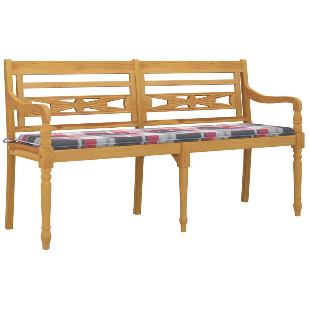 Helloshop26 - Banc de jardin meuble de patio d'extérieur terrasse coussin à motif de carreaux rouges 150 cm bois teck - Imagen 1