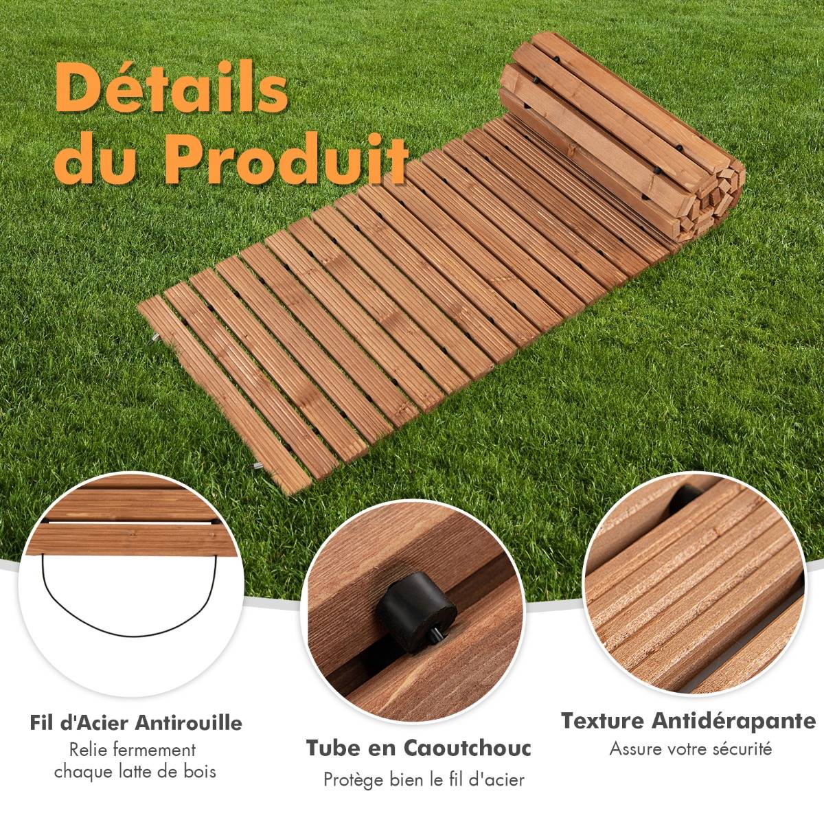 Allée de Jardin en Bois de 245 cm avec Fil d'Acier et Texture Antidérapante pour Jardin Cour Bord de Mer Naturel - Image 7