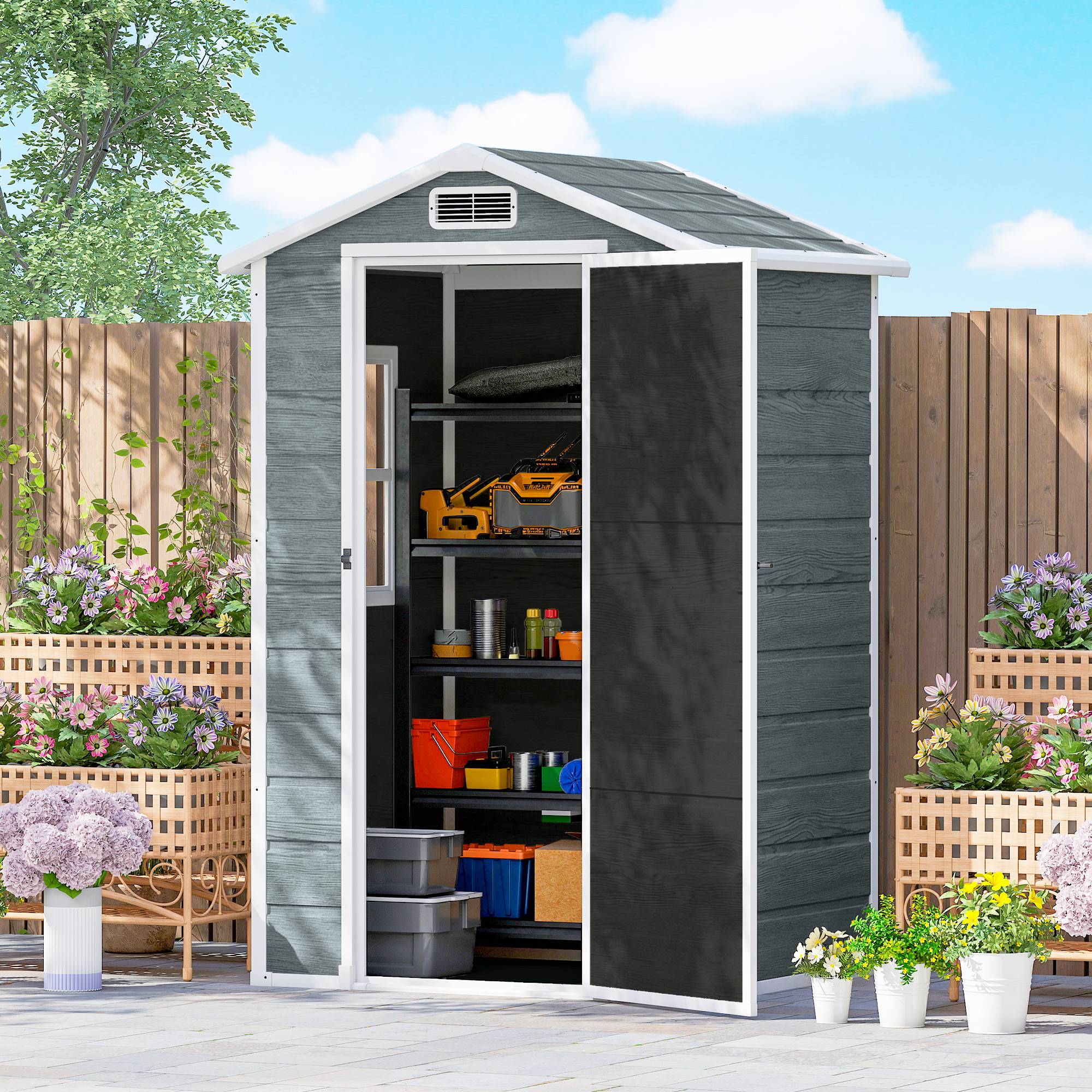 ComfortXL - Abri de jardin compact résine PP rangement extérieur 128x104x196cm gris vieilli - ComfortXL Outdoor Living - Image 4
