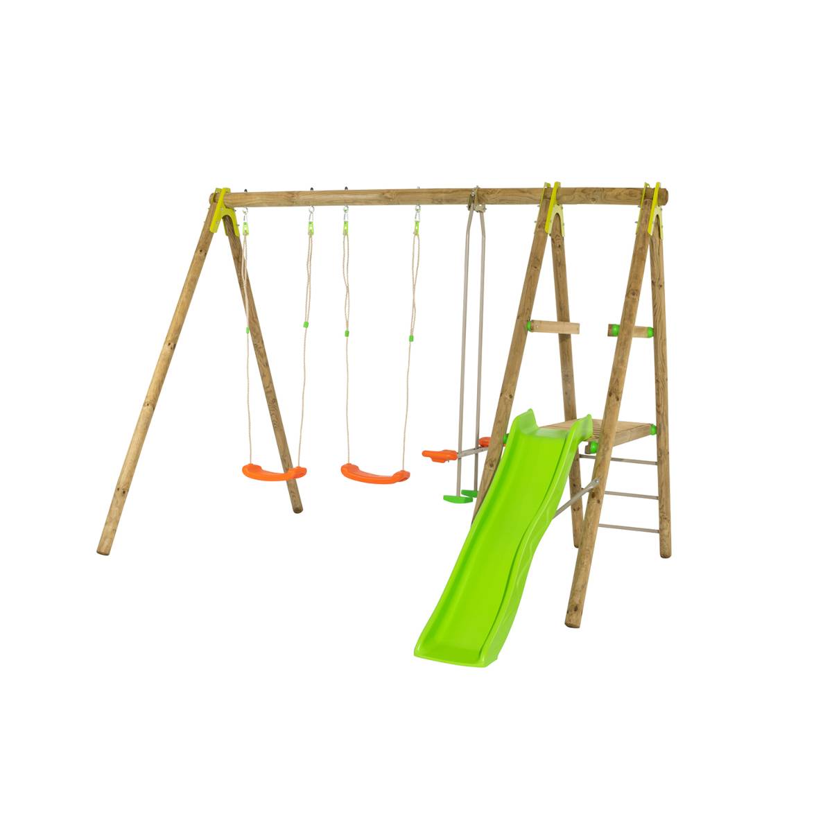 Trigano Jardin - Portique bois avec 2 balançoires + 1 plateforme avec toboggan + 1 siège face à face J-16595P4 Trigano Jardin - Imagen 1