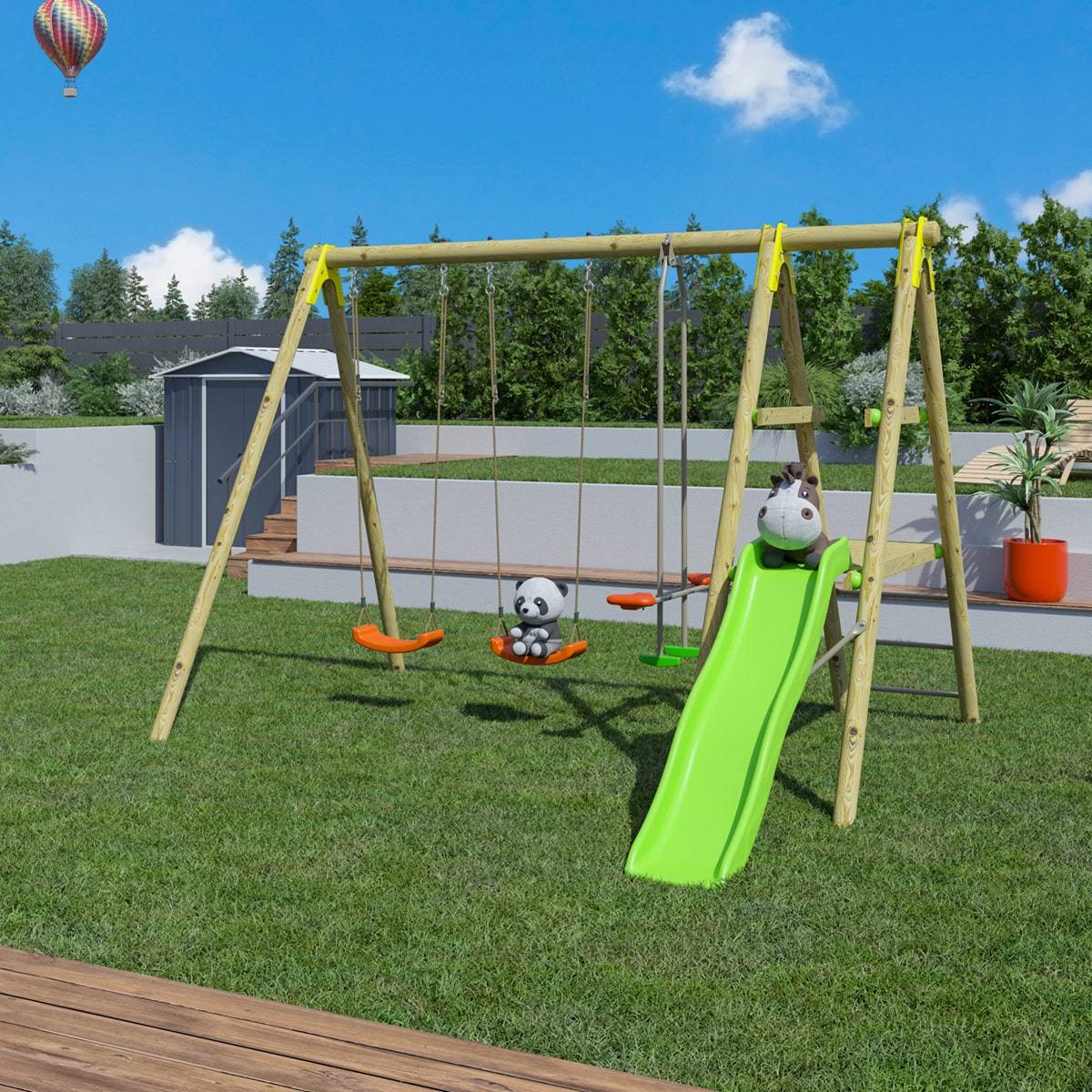 Trigano Jardin - Portique bois avec 2 balançoires + 1 plateforme avec toboggan + 1 siège face à face J-16595P4 Trigano Jardin - Imagen 6