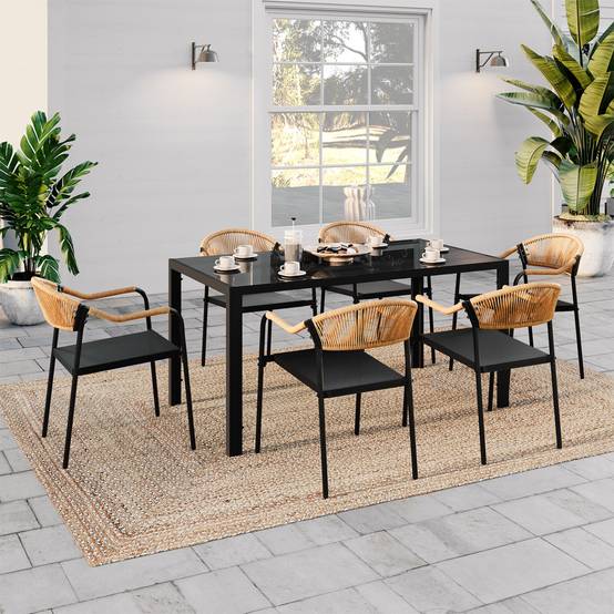 Salon de jardin MADEIRA table 150 cm et 6 chaises cordage et textilène noir et rotin clair - Image 1