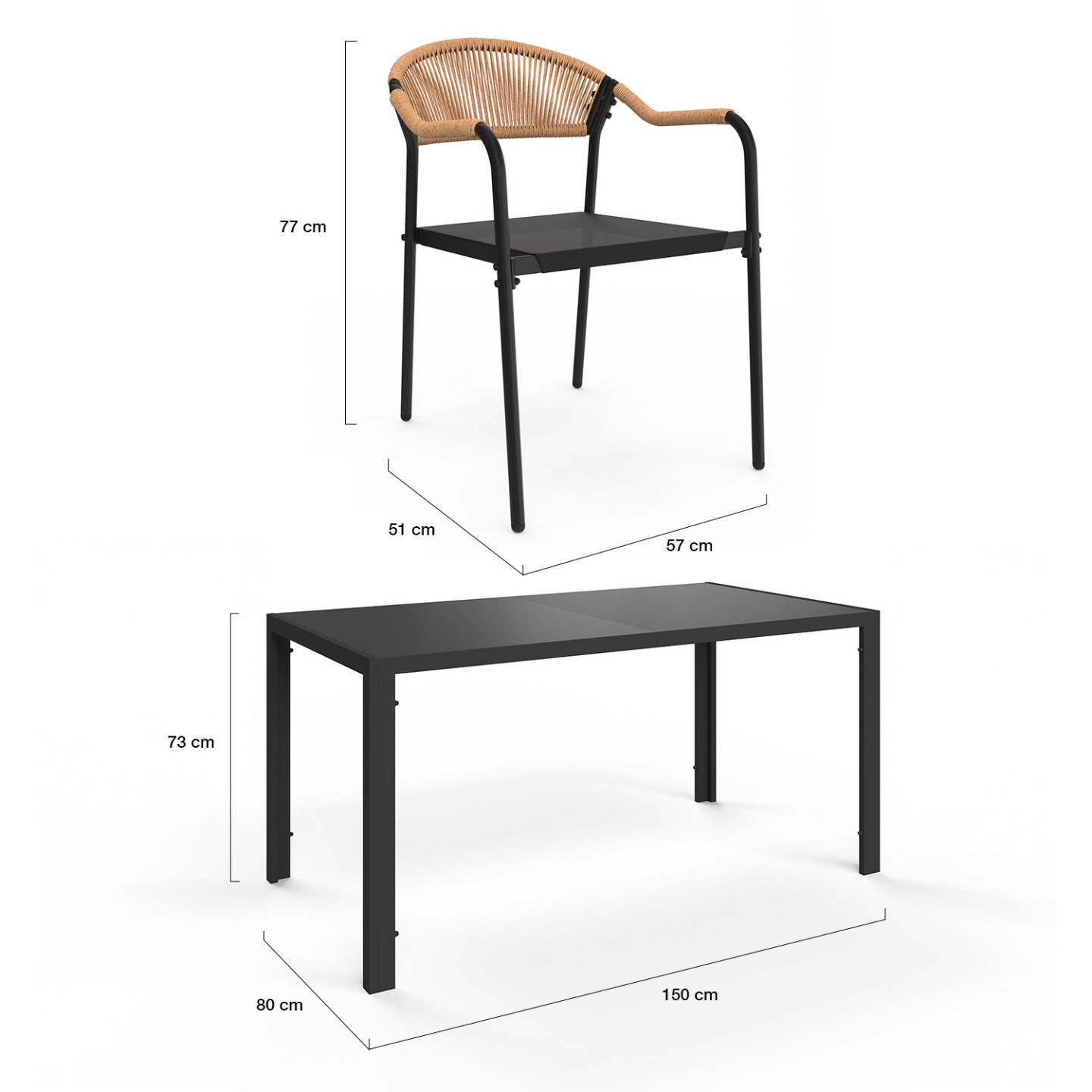 Salon de jardin MADEIRA table 150 cm et 6 chaises cordage et textilène noir et rotin clair - Image 6