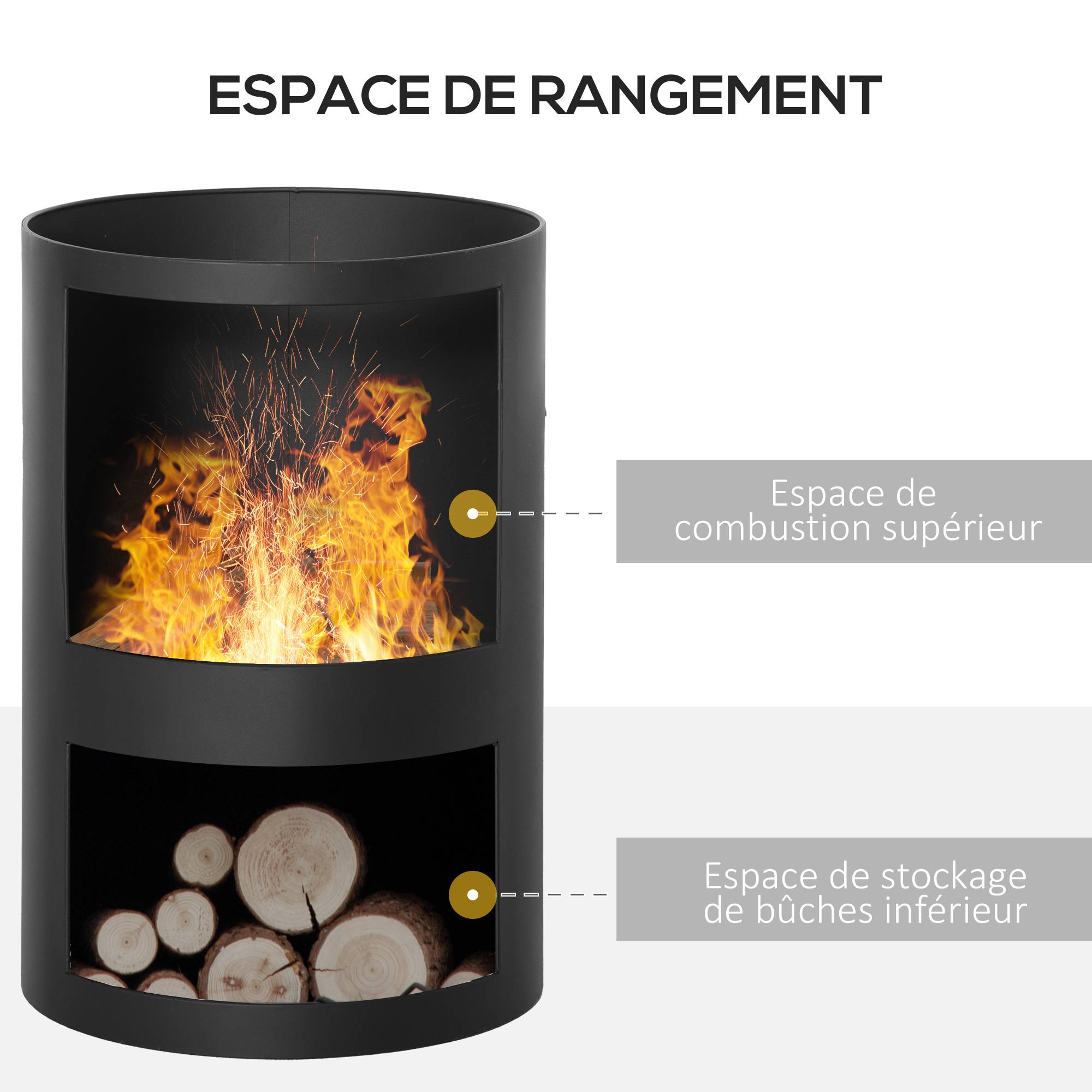 Outsunny - Brasero cheminée d'extérieur H.133 Ø 45 cm tisonnier large foyer - espace de rangement pour bûches - métal noir - Outsunny - Imagen 2