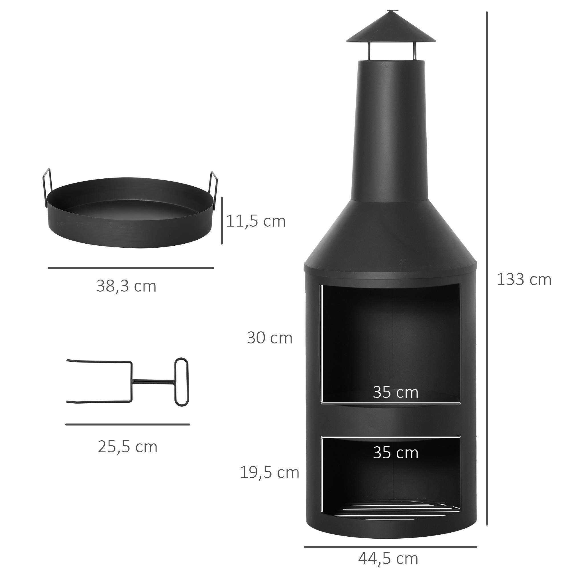 Outsunny - Brasero cheminée d'extérieur H.133 Ø 45 cm tisonnier large foyer - espace de rangement pour bûches - métal noir - Outsunny - Imagen 3