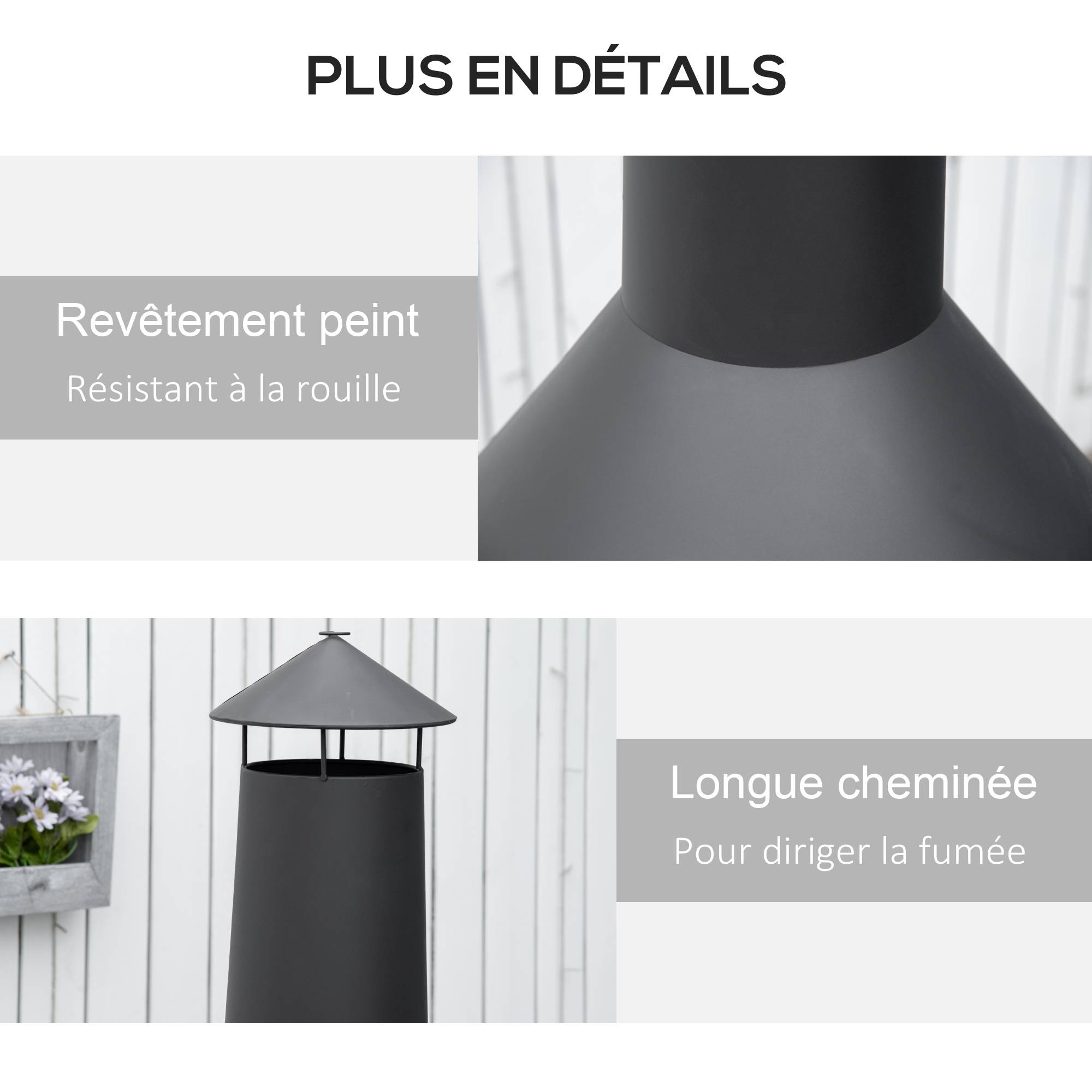 Outsunny - Brasero cheminée d'extérieur H.133 Ø 45 cm tisonnier large foyer - espace de rangement pour bûches - métal noir - Outsunny - Imagen 4
