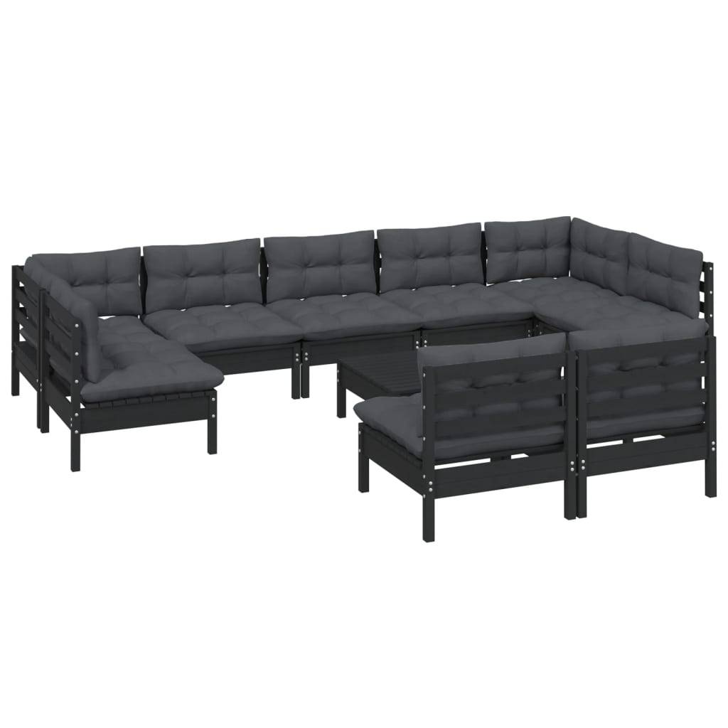 Helloshop26 - Salon de jardin meuble d'extérieur ensemble de mobilier 10 pièces avec coussins noir bois de pin solide - Imagen 1