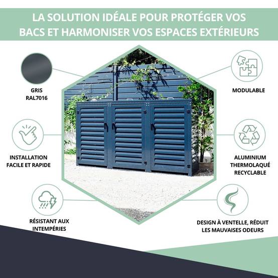 Cache Poubelle Extérieur Triple en Aluminium thermolaqué - Abri pour 3 conteneurs 120 Litres – Gris Anthracite RAL 7016 - Image 2