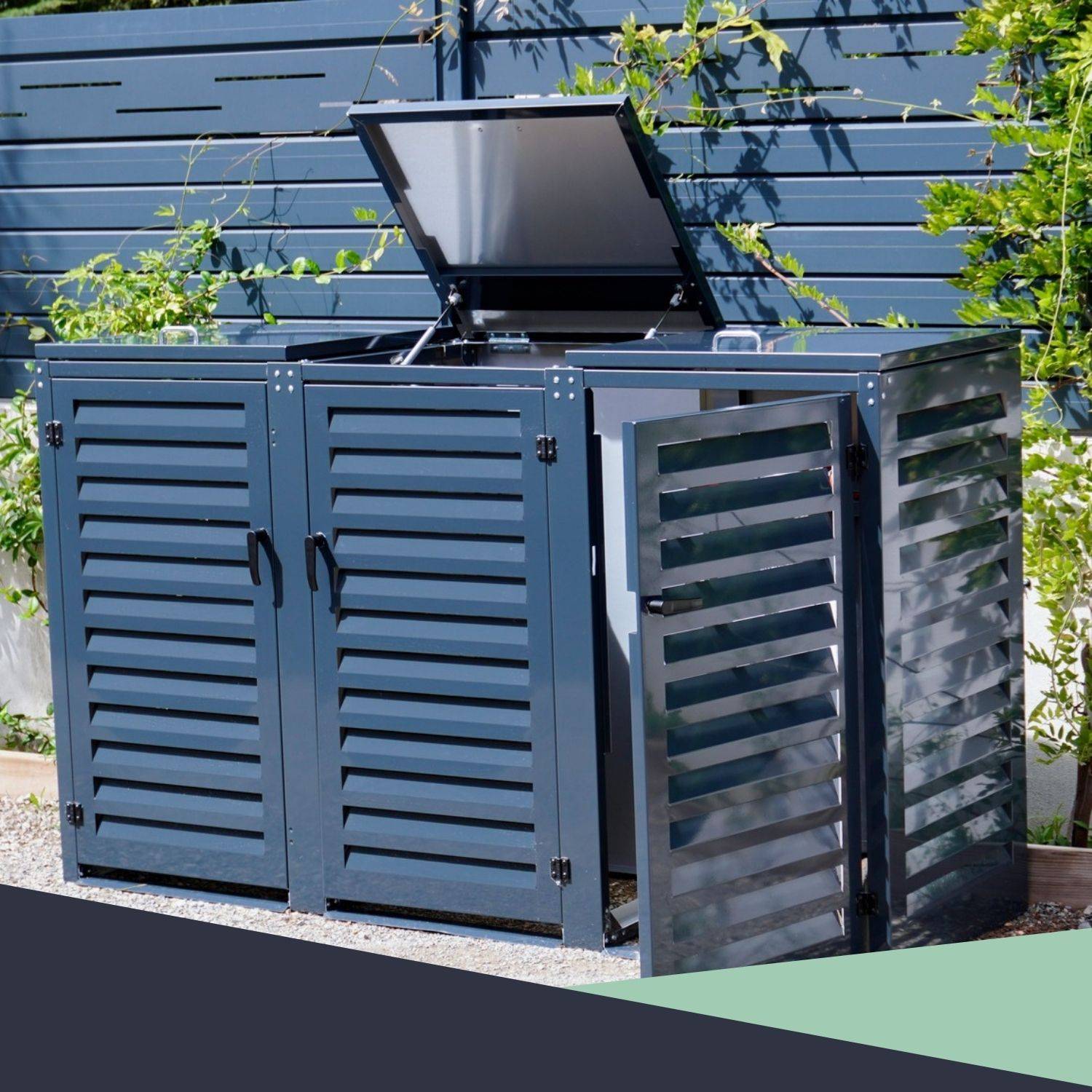 Cache Poubelle Extérieur Triple en Aluminium thermolaqué - Abri pour 3 conteneurs 120 Litres – Gris Anthracite RAL 7016 - Image 6