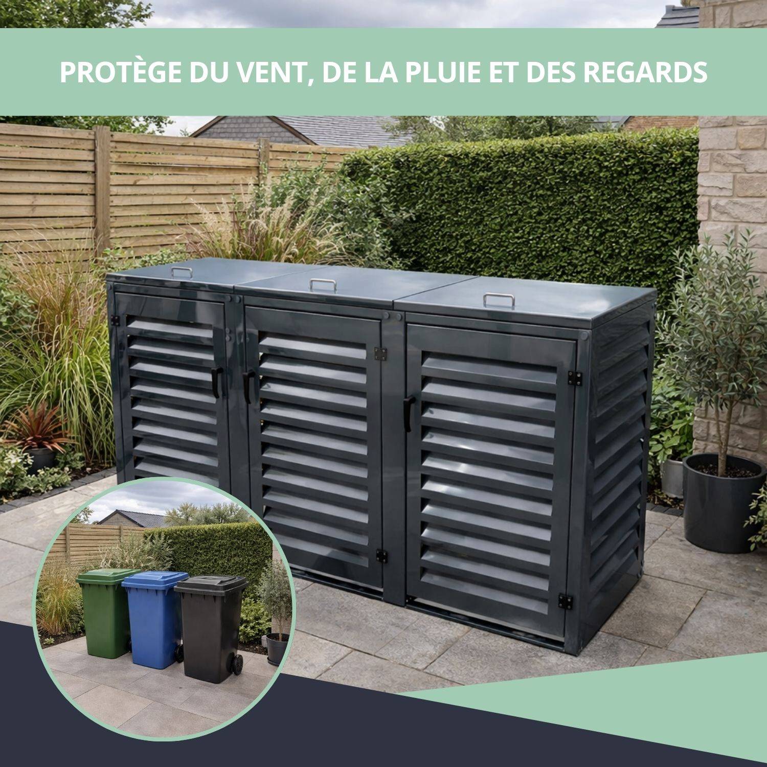 Cache Poubelle Extérieur Triple en Aluminium thermolaqué - Abri pour 3 conteneurs 120 Litres – Gris Anthracite RAL 7016 - Image 4