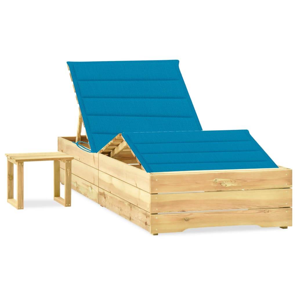 Bain de soleil - Transat - Chaise longue avec table et coussin Pin imprégné - MEUBLE PRO - Image 2