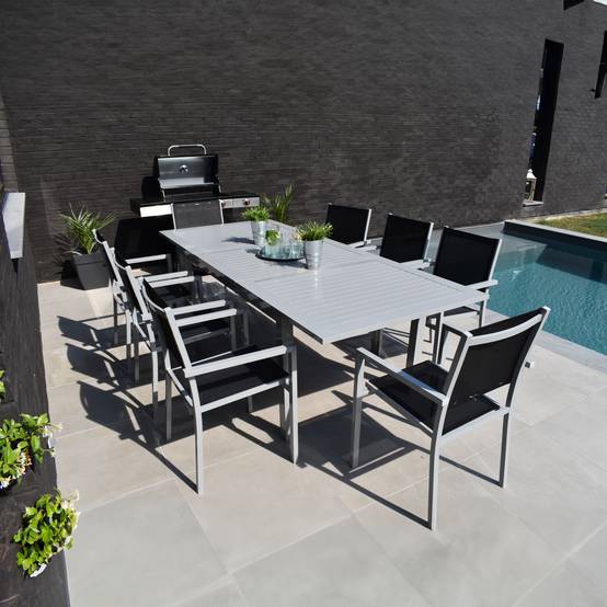 Happy Garden - Salon de jardin CAPRI extensible en textilène noir 8 places - aluminium gris - HAPPY GARDEN - Imagen 2
