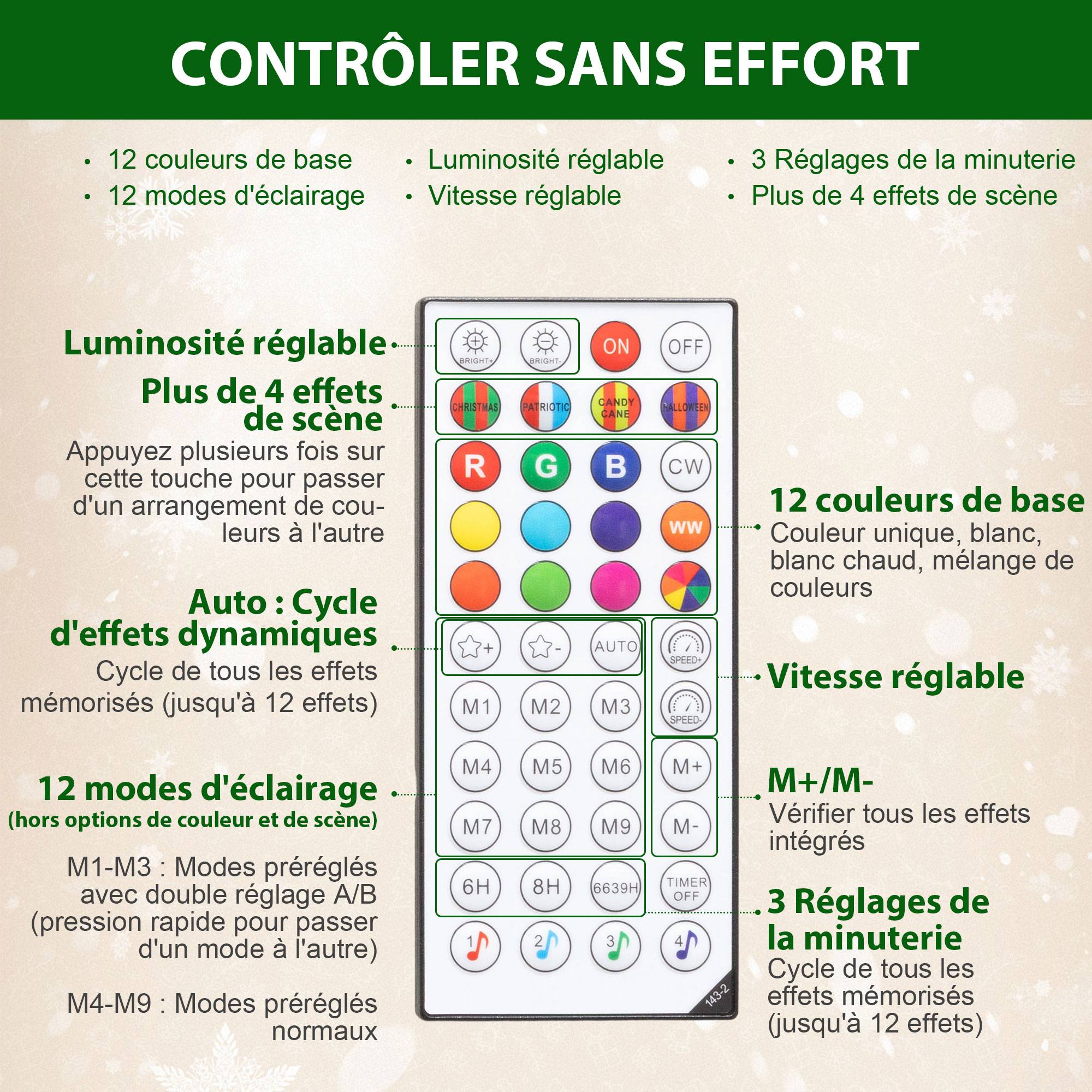 Sapin de Noël artificiel 180 cm, arbre de Noël, lumières LED synchronisées colorées et télécommande, 899 pointes, vert - Image 8