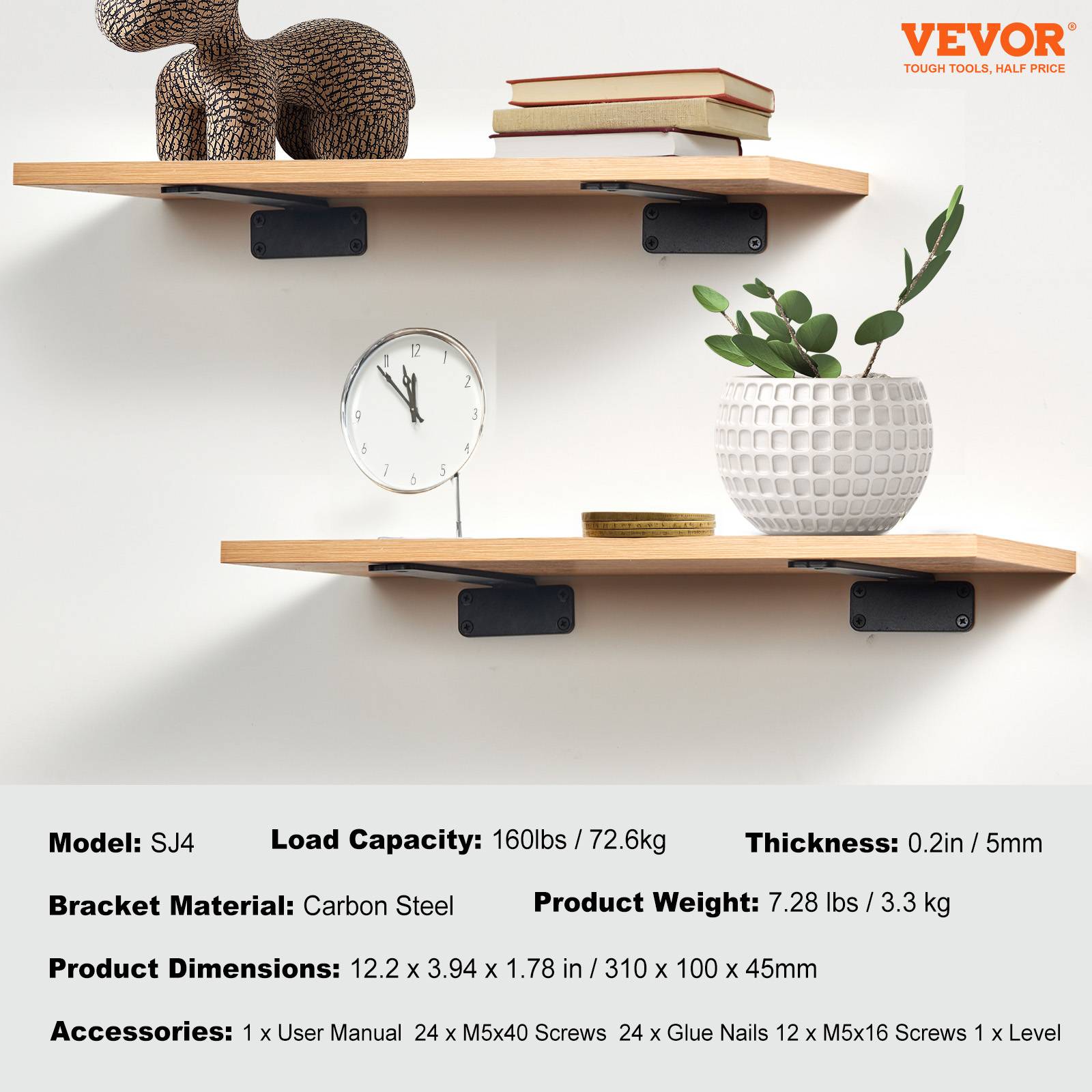 VEVOR Supports étagères, 310x100x45 mm, 6 pièces, noir mat, acier, charge 72,6 kg. Équerre étagère flottante. - Image 7