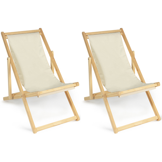 Lot de 2 chaises longues pliantes chilienne bois toile écrue - Image 2