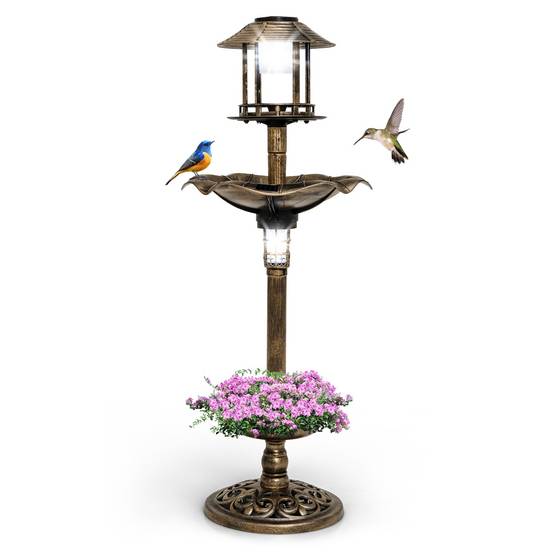 Bain d'Oiseaux Énergie Solaire Décoration d'Extérieur sur Pied Rétro Éclairé avec 2 Lampes Jardinière de Fleurs Mangeoire Abreuvoir Bronze F61R - Image 1