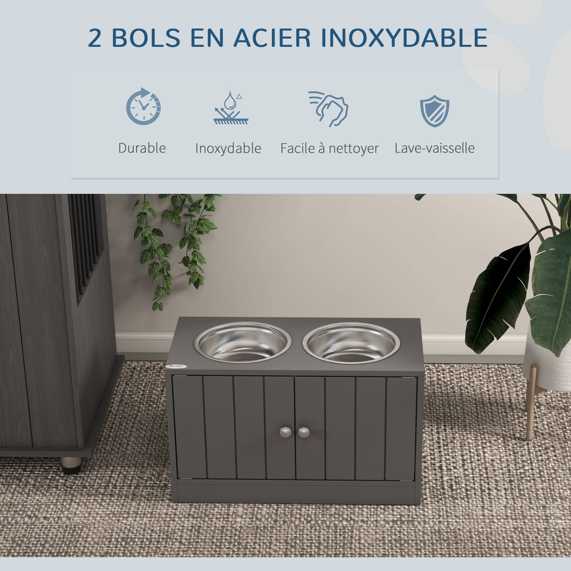 Porte-gamelles surélevé bois et acier inoxydable gris 60 x 30 x 35.5 cm - PANGIVO - Image 6