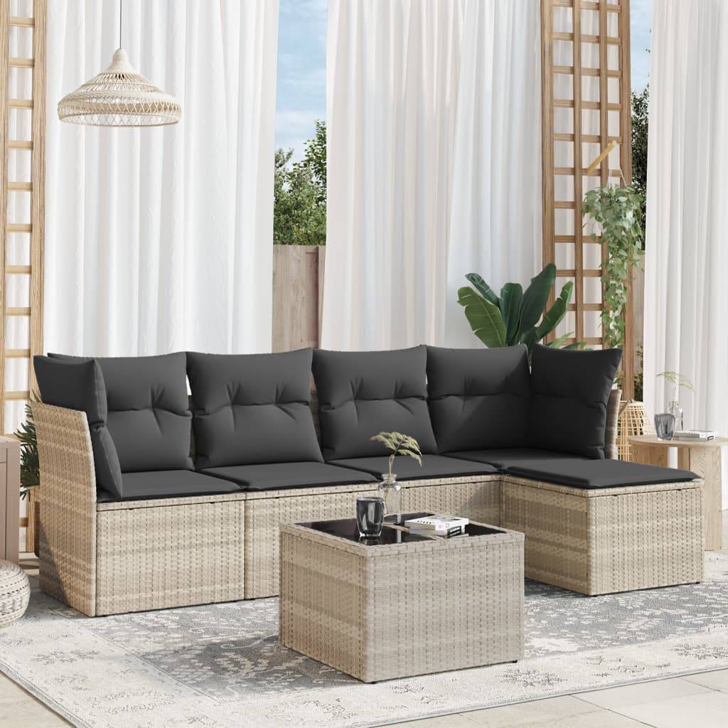 Grand salon de jardin 5 places modulable résine tressée avec table verre et pouf de rangement Gris clair – ComfortXL Outdoor Living - Image 1