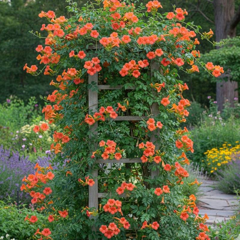 Bignone Madame Galen à fleurs Orange - feuillage Caduc - Pot de 3L - Echelle bambou 60/120 cm-  hauteur à maturité De 5,00 m à 10,00 m - Imagen 2