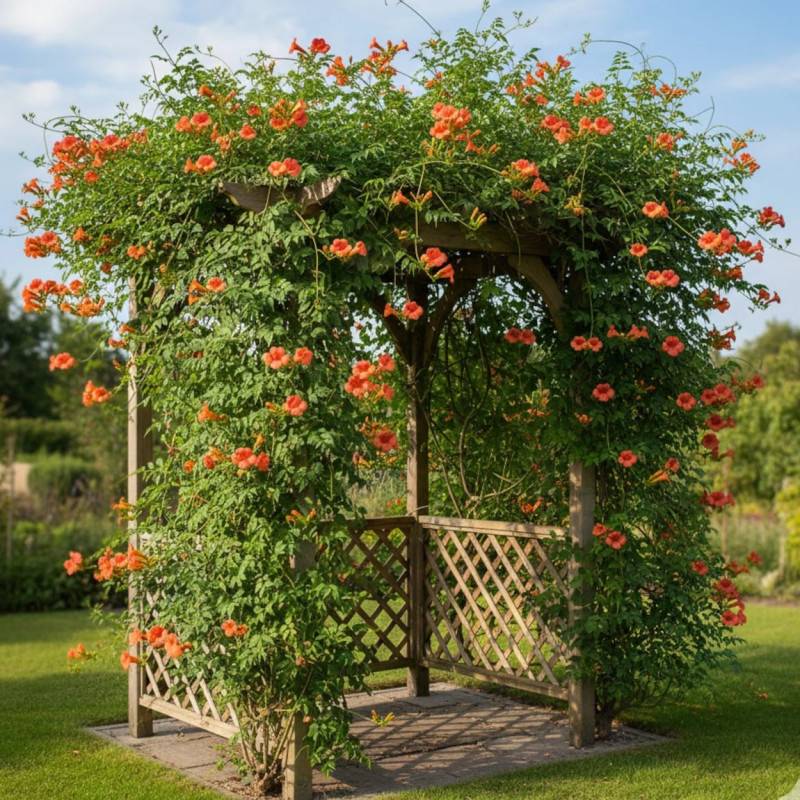 Bignone Madame Galen à fleurs Orange - feuillage Caduc - Pot de 3L - Echelle bambou 60/120 cm-  hauteur à maturité De 5,00 m à 10,00 m - Imagen 3