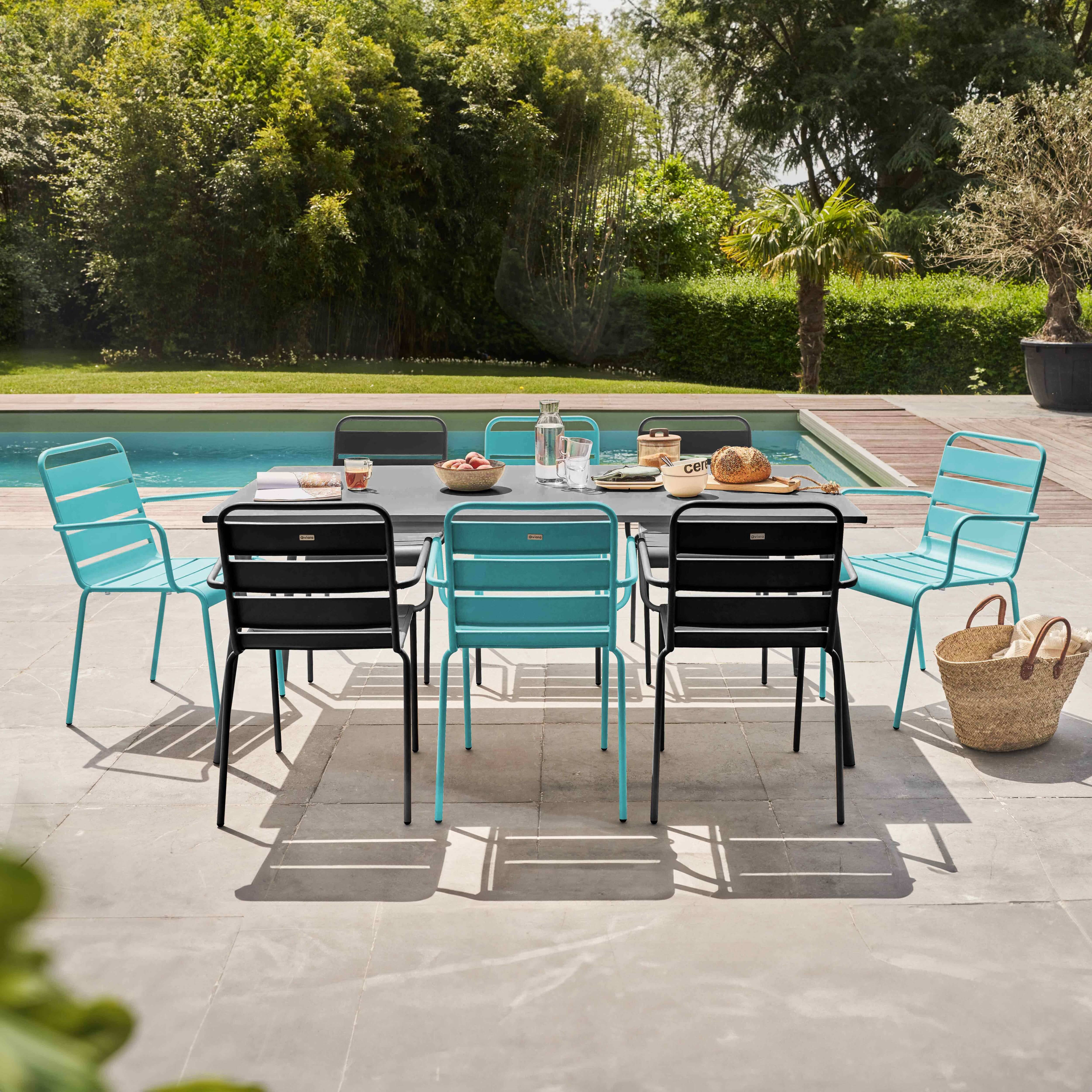 Oviala - Ensemble table de jardin et 8 fauteuils en métal turquoise et gris Palavas - Oviala - Imagen 2