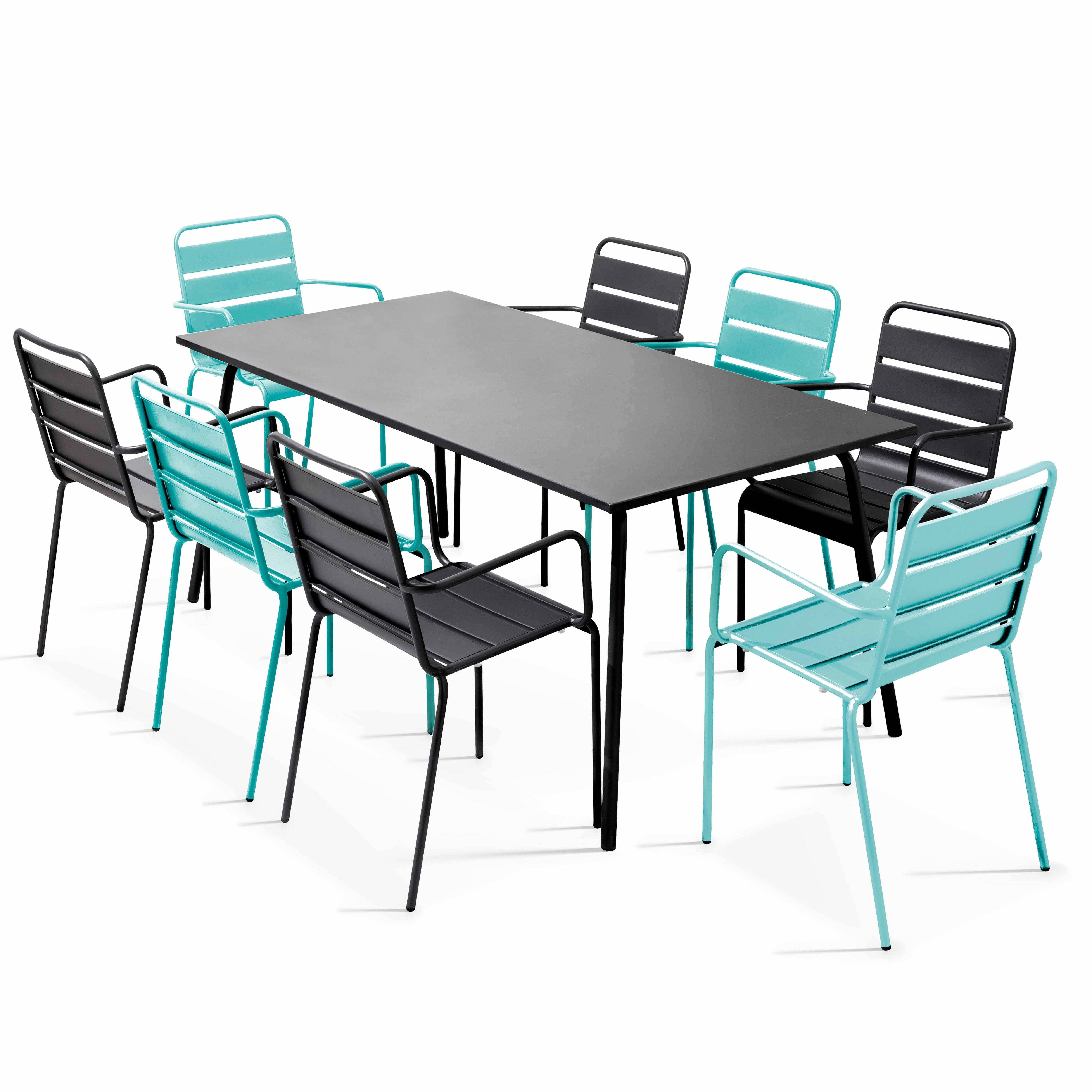 Oviala - Ensemble table de jardin et 8 fauteuils en métal turquoise et gris Palavas - Oviala - Imagen 1