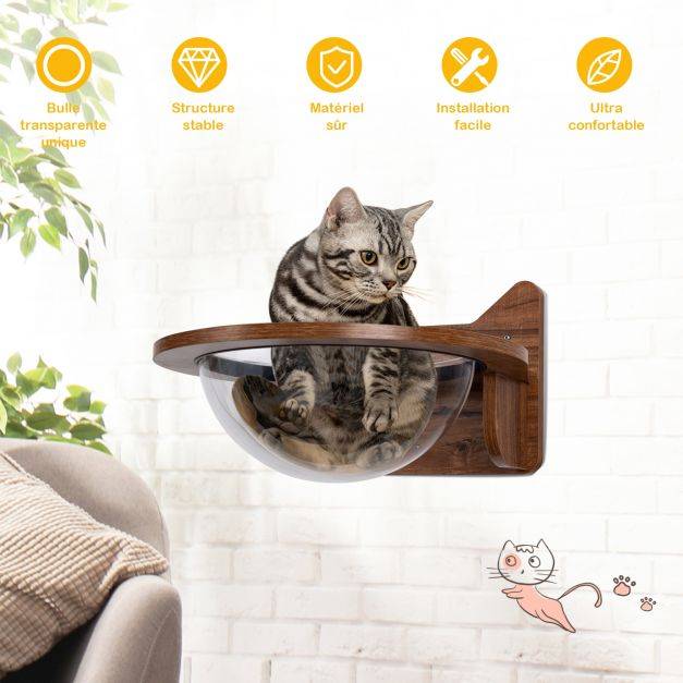 Helloshop26 - Arbre à chat mural en bois avec bulle transparente acrylique détachable dia. 40 cm couchage suspendu pour chat charge 10 kg - Imagen 5